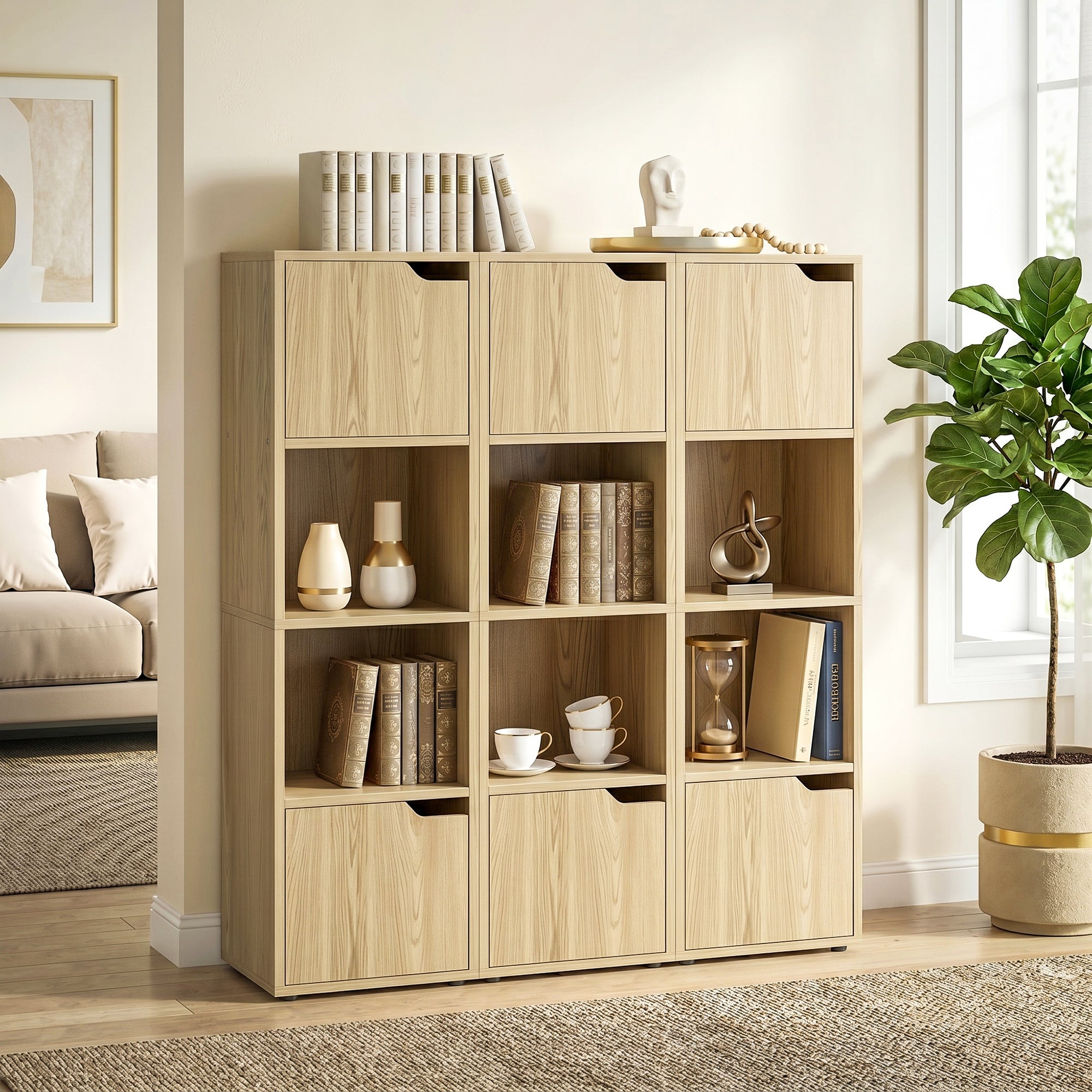 Bookcase with 2 Cabinets and Doors, 4-Tier Bookshelf, Storage Cabinet with Open Shelves and Anti-Tipping Design, for Living Room, Bedroom, Home Office, Oak