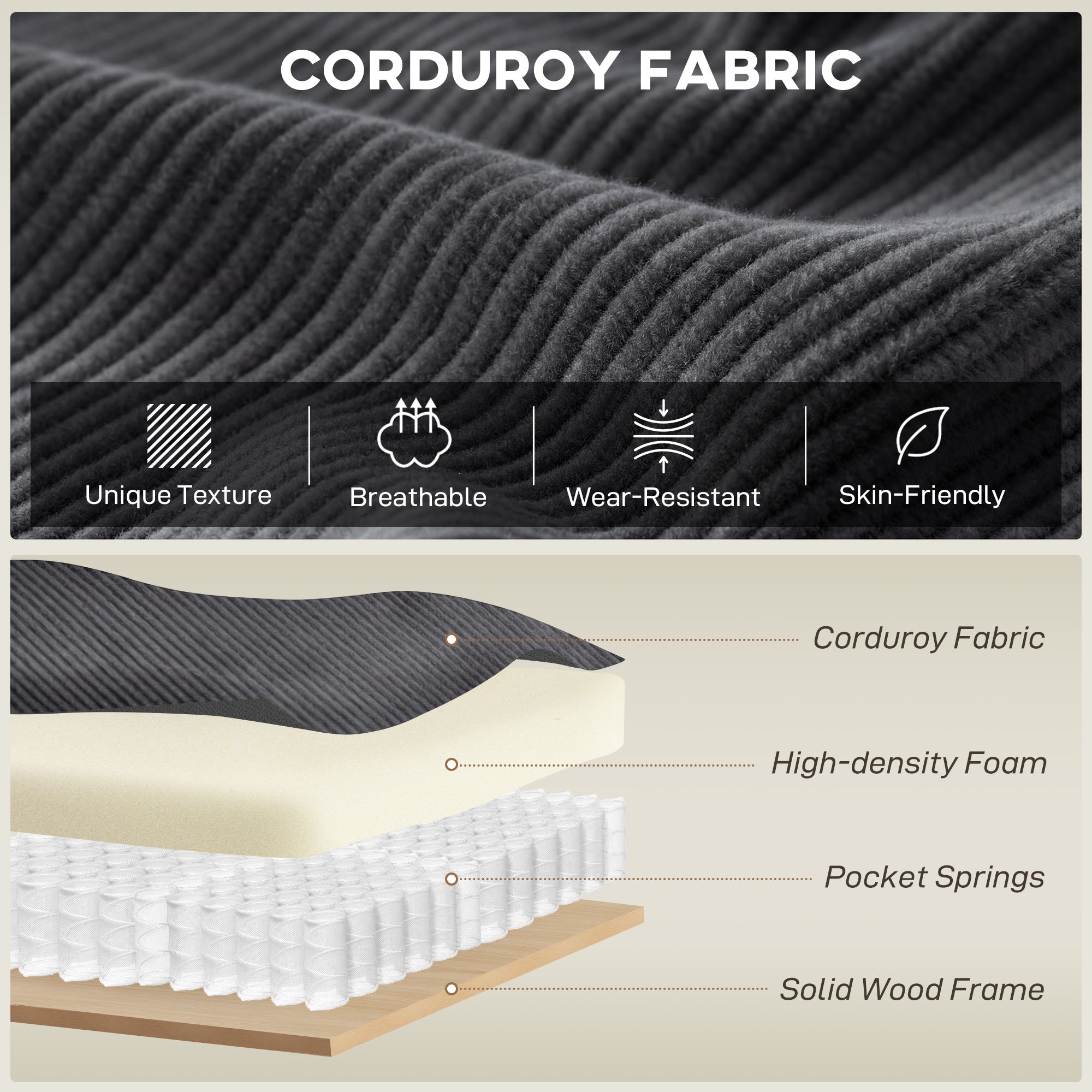 124" Sectional Sofa, L Shaped Couch with Deep Seat, Movable Ottoman and Pillow-top Armrests, Corduroy 3 Seat Sectional Couch for Living Room, 2200lb Capacity, Dark Gray