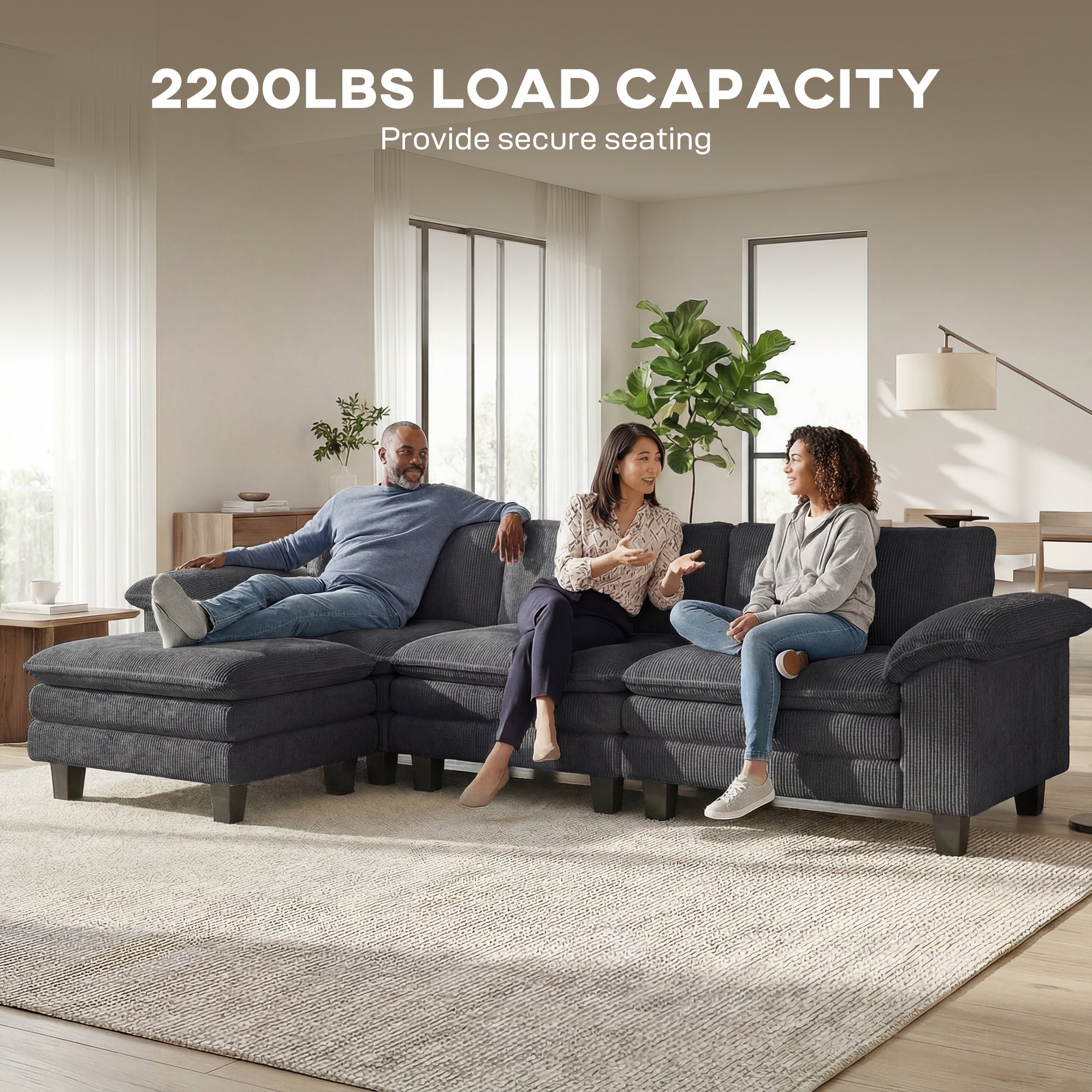 124" Sectional Sofa, L Shaped Couch with Deep Seat, Movable Ottoman and Pillow-top Armrests, Corduroy 3 Seat Sectional Couch for Living Room, 2200lb Capacity, Dark Gray