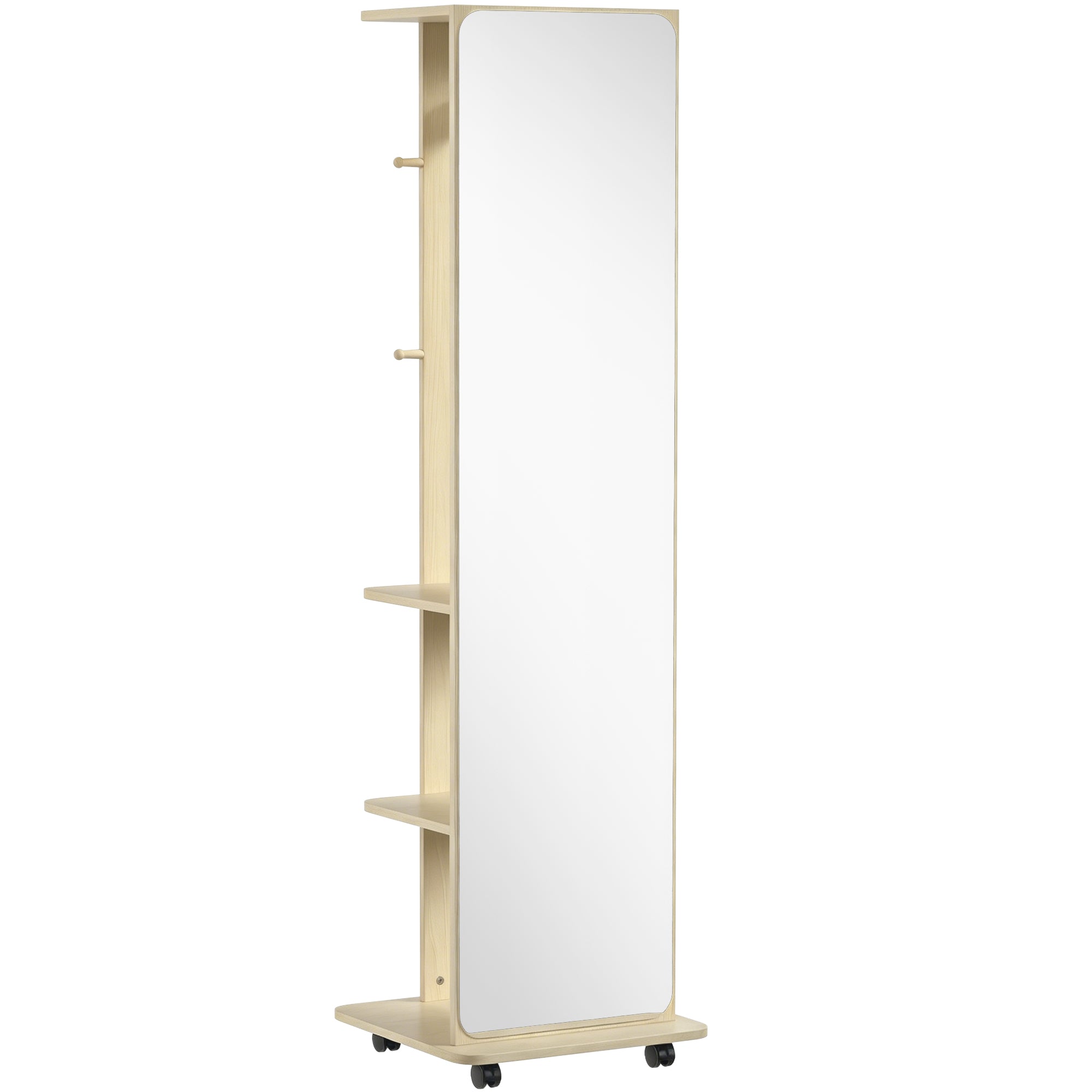 15" x 62" Full Length Mirror, Tempered Glass Floor Mirror on Wheels with Storage Shelves, Coat Hangers for Bedroom, Living Room, Natural Wood