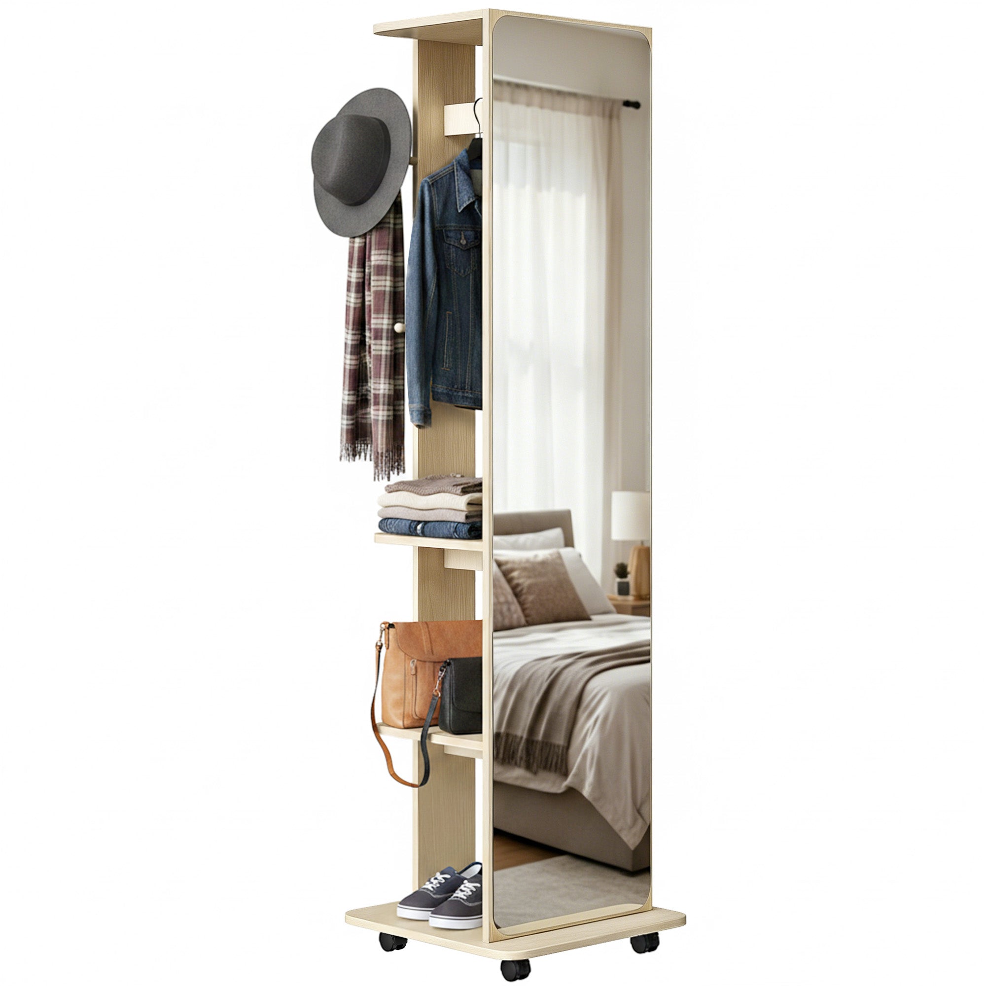 15" x 62" Full Length Mirror, Tempered Glass Floor Mirror on Wheels with Storage Shelves, Coat Hangers for Bedroom, Living Room, Natural Wood