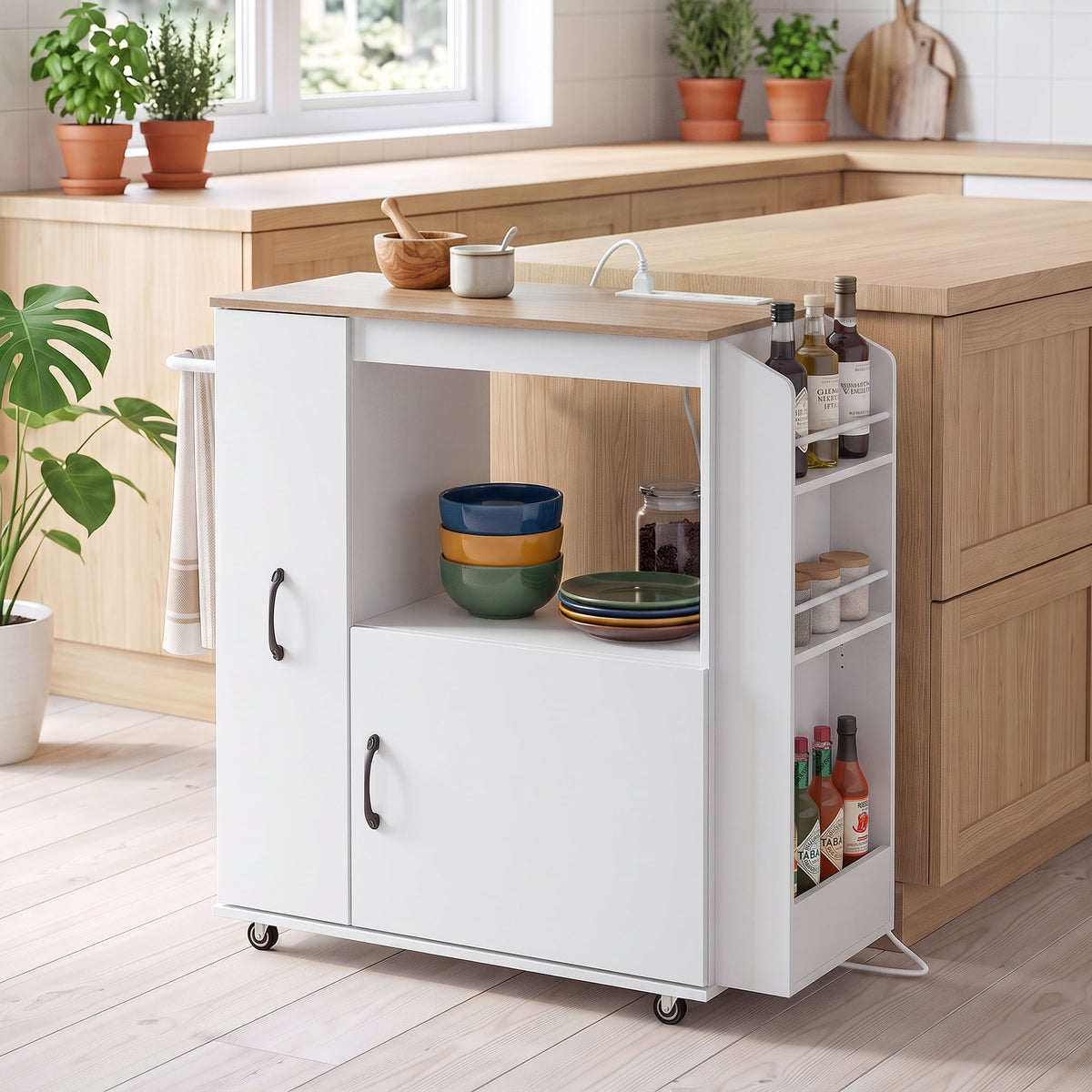 Kitchen Trolley on Wheels, Rolling Kitchen Island Cart with Power Outlet, Cabinet, Pull-Out Drawer and Towel & Spice Rack, Mobile Serving Trolley Cart for Dining Room, Bathroom, White