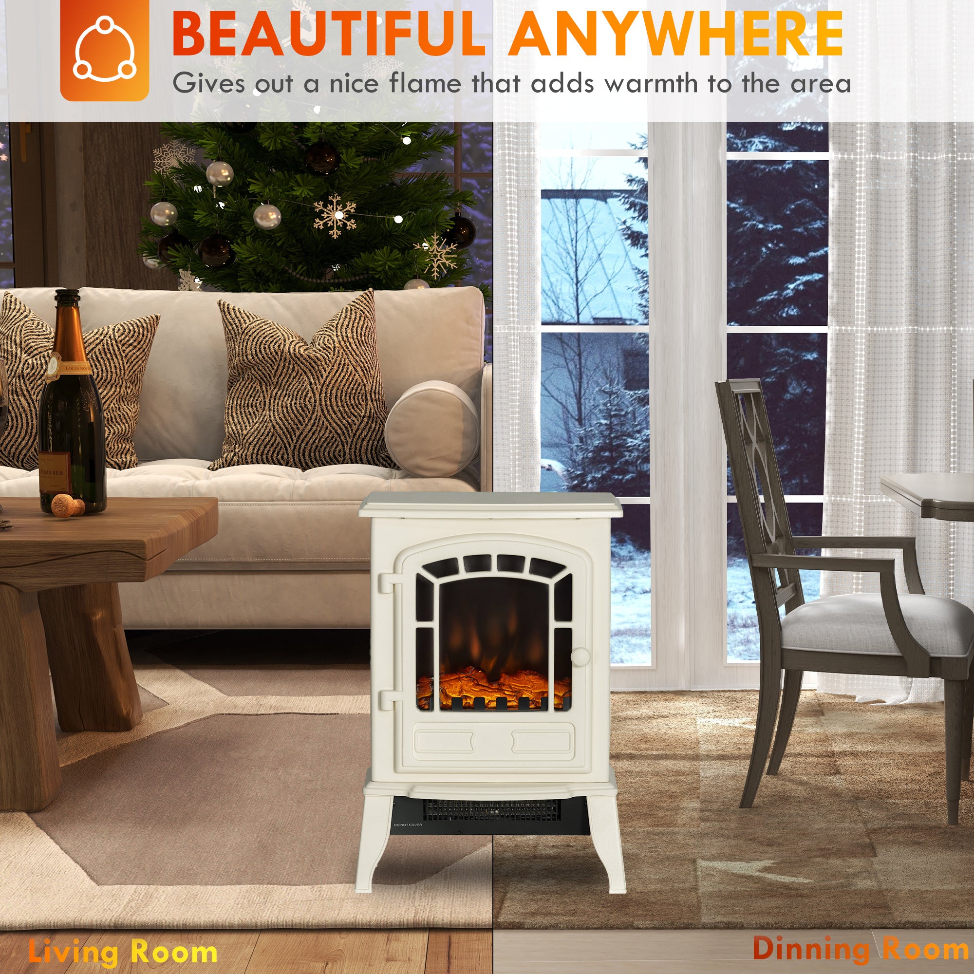 Realistic Electric Fireplace for Indoor Use 3D-Flame Freestanding Stove 750W/1500W Beige