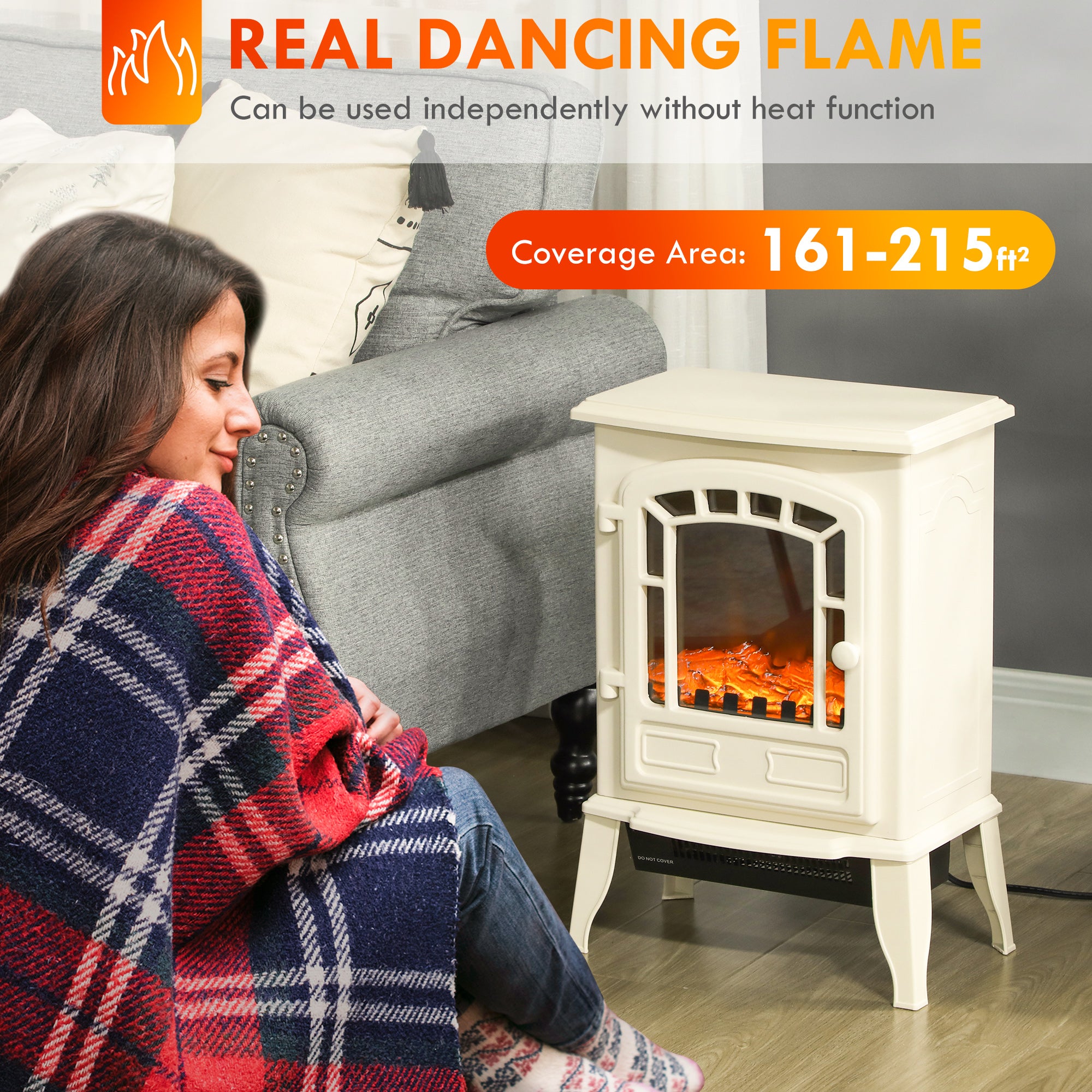 Realistic Electric Fireplace for Indoor Use 3D-Flame Freestanding Stove 750W/1500W Beige