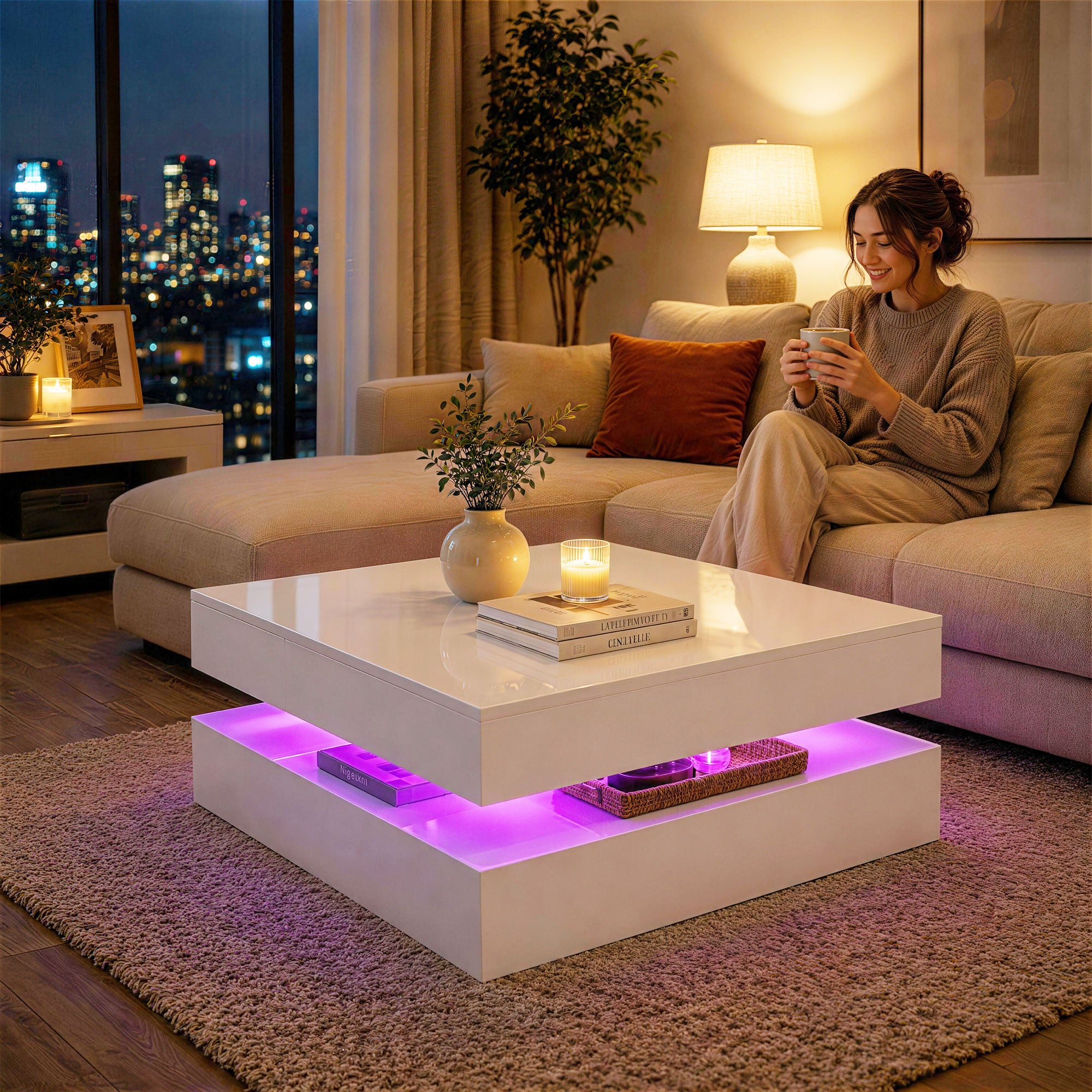 LED Coffee Table with Storage, 2-Tier Modern Center Table with Open Shelf and Remote for Living Room, High Gloss White