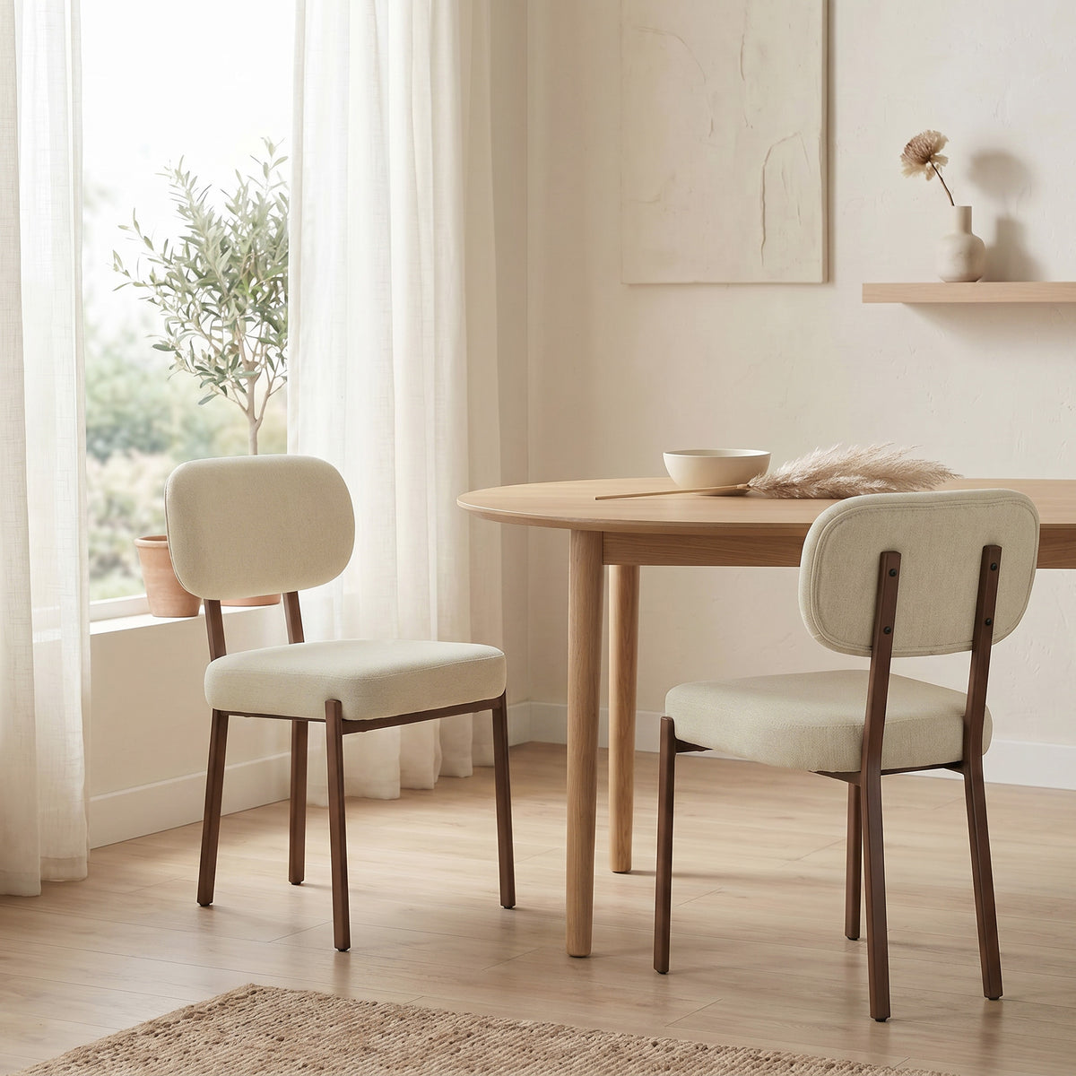 Modern Dining Chairs Set of 2, Upholstered Linen Fabric Kitchen Chairs with Metal Legs and Wide Padded Seat for Kitchen, Living Room, Beige