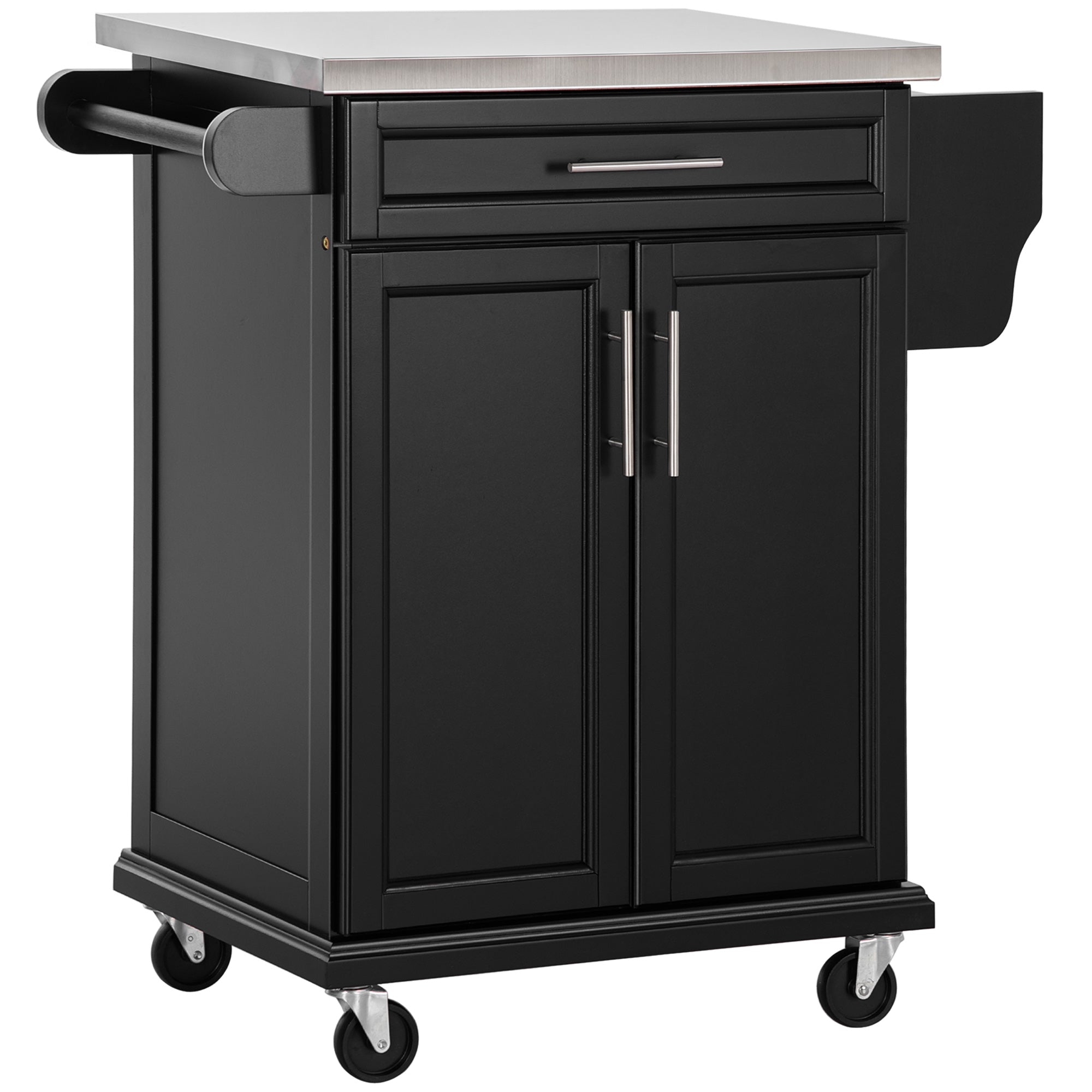 Kitchen Island on Wheels, Rolling Kitchen Cart with Stainless Steel Countertop, Drawer, Towel Rack and Spice Rack, Utility Storage Trolley, Black