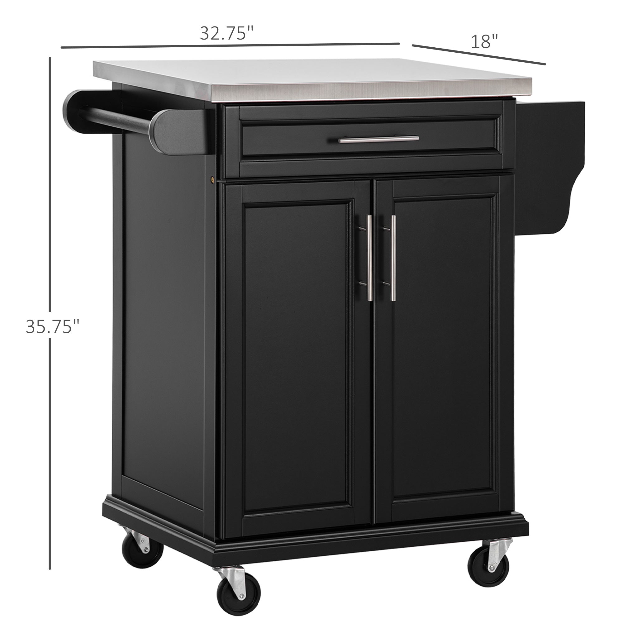 Kitchen Island on Wheels, Rolling Kitchen Cart with Stainless Steel Countertop, Drawer, Towel Rack and Spice Rack, Utility Storage Trolley, Black