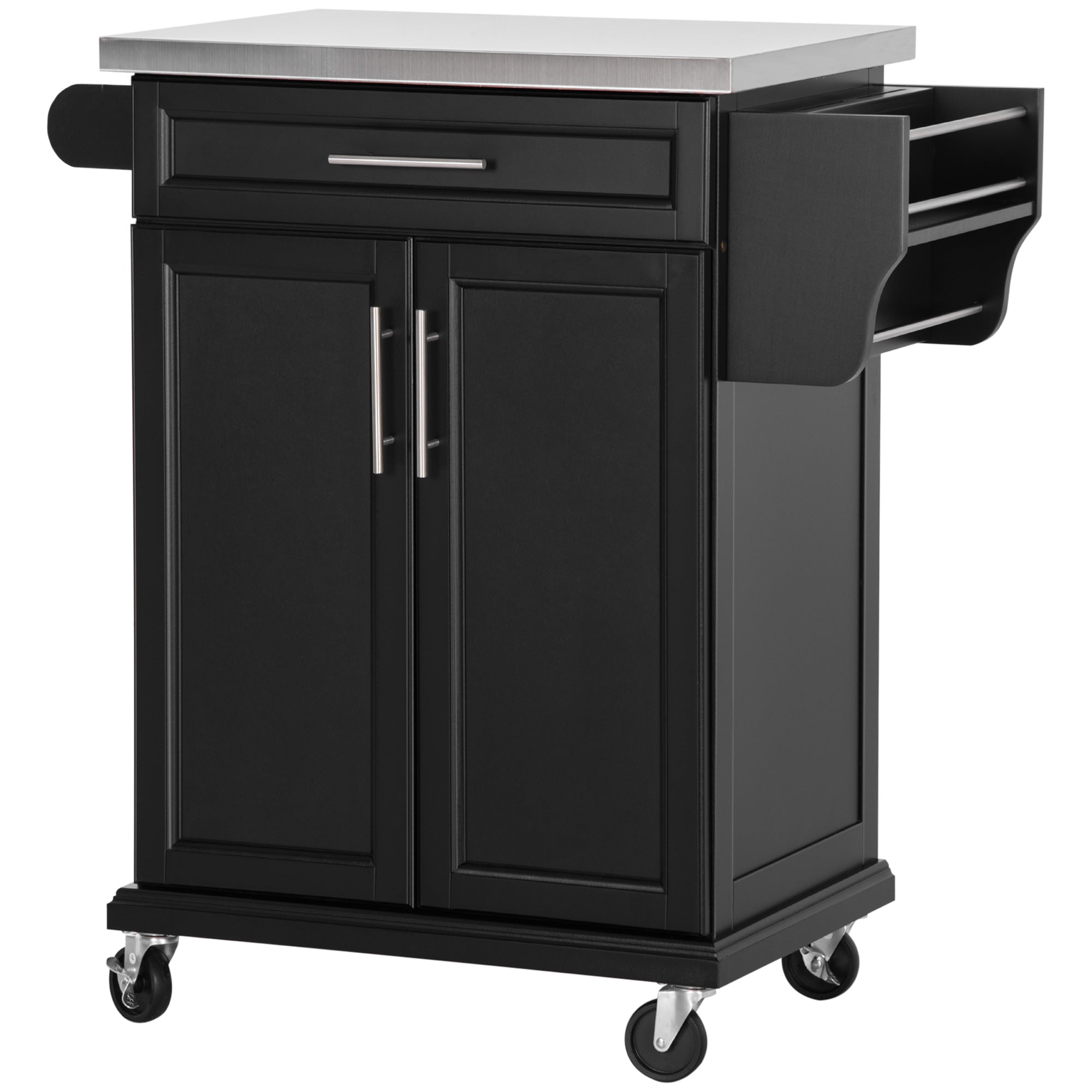 Kitchen Island on Wheels, Rolling Kitchen Cart with Stainless Steel Countertop, Drawer, Towel Rack and Spice Rack, Utility Storage Trolley, Black