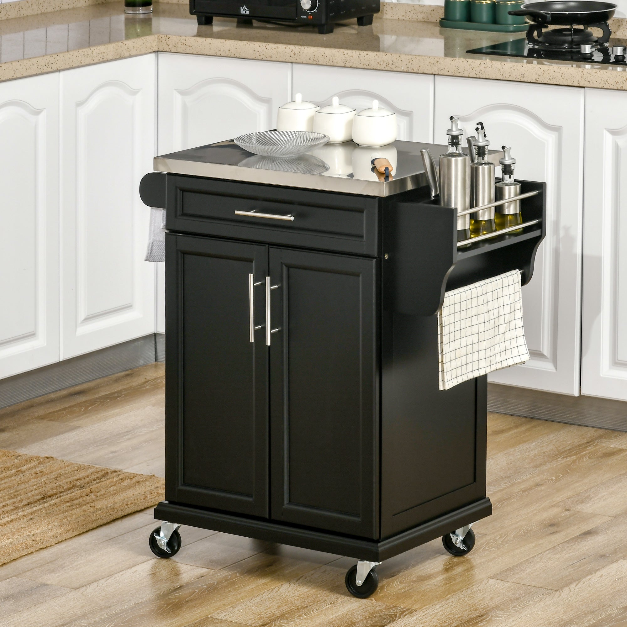 Kitchen Island on Wheels, Rolling Kitchen Cart with Stainless Steel Countertop, Drawer, Towel Rack and Spice Rack, Utility Storage Trolley, Black