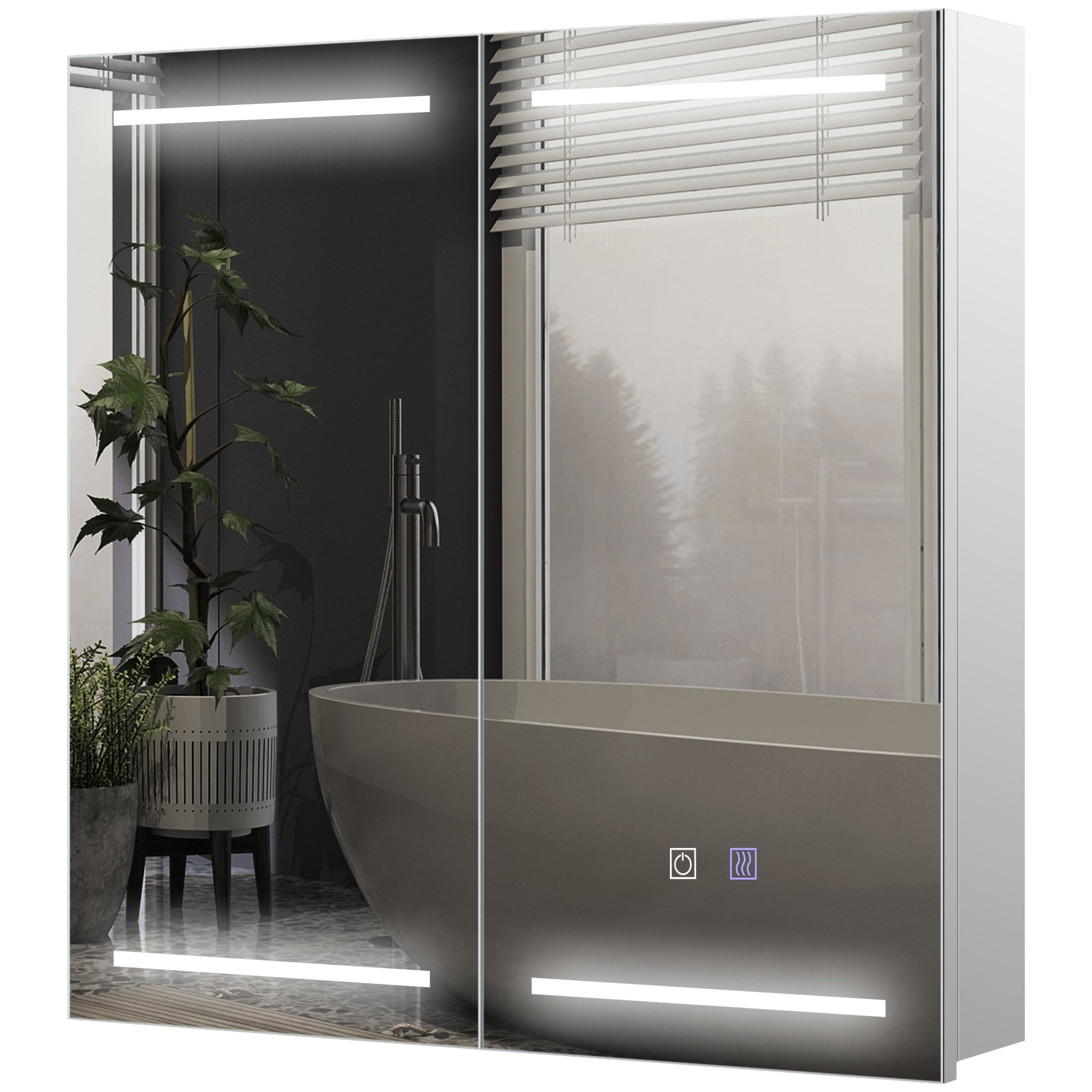 HOMCOM LED Medicine Cabinet with Mirror, Illuminated Bathroom Mirror Cabinet with Defog Function, Touch Controls, Stainless Steel Wall Cabinet with Shelves, Soft-Close Door