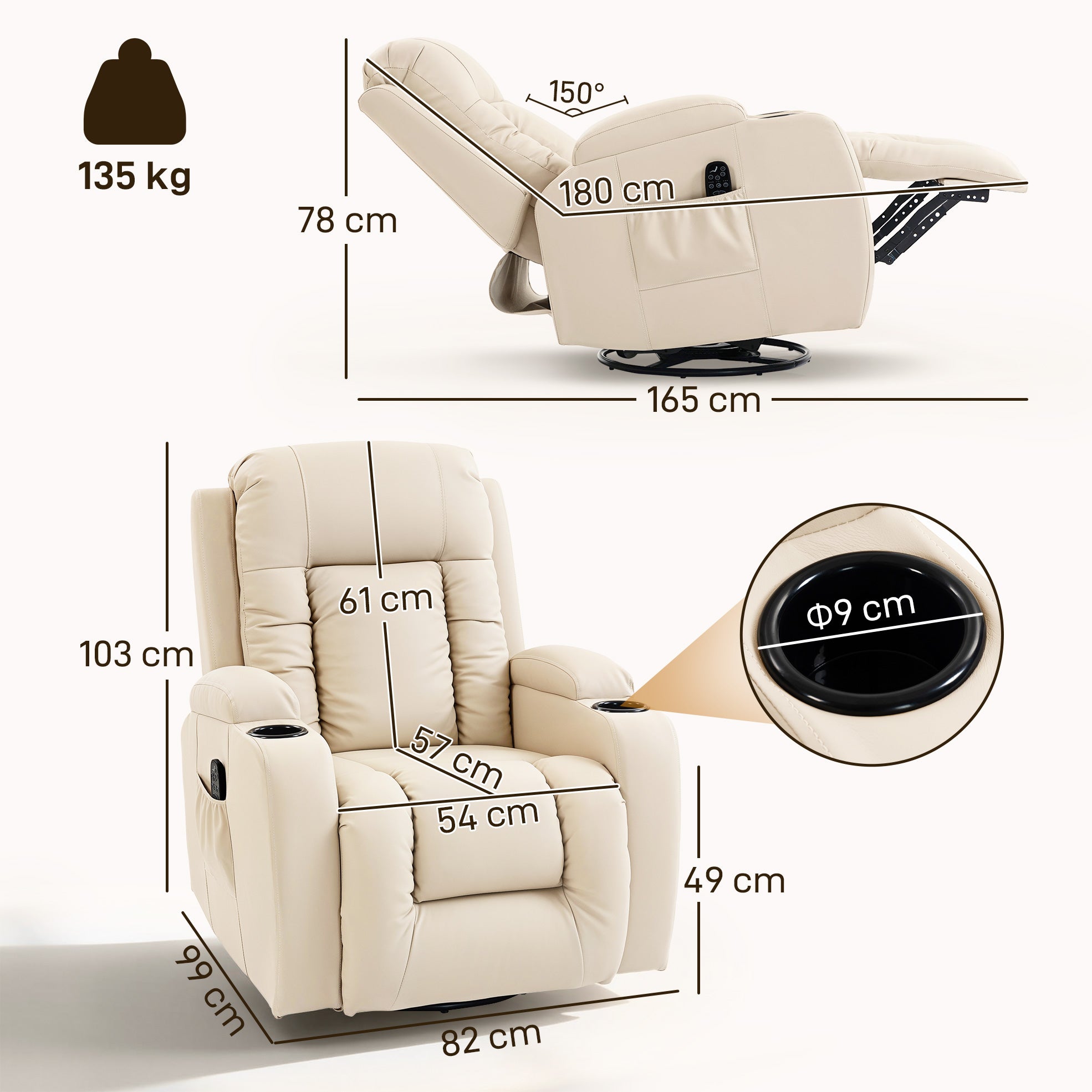 Recliner Armchair with Massage & Heat, PU Leather Recliner Chair with Extended Footrest, Cup Holders and Side Pockets, Swivel Rocking Manual Reclining Chair for Living Room, Cream