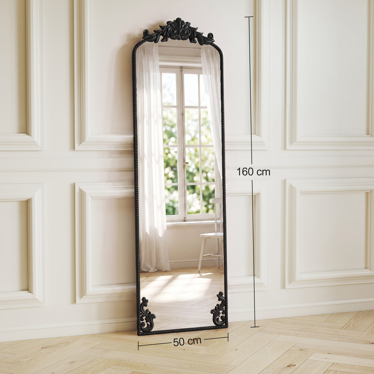 Full Length Mirror, 50 x 160 cm Hanging or Leaning Against Wall Floor Mirror with Baroque Metal Frame for Bedroom, Living Room, Dressing Room, Black