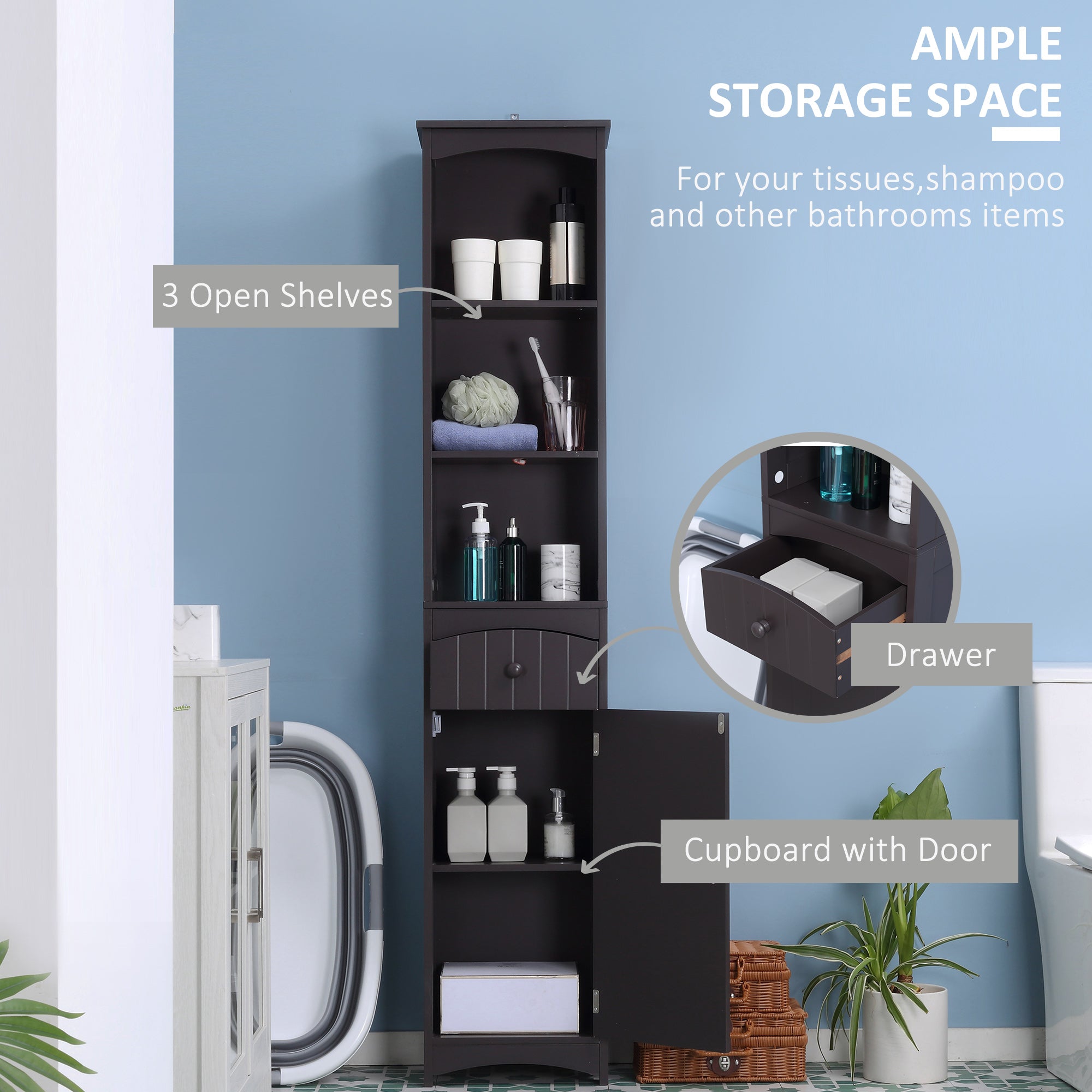 Bathroom Storage Cabinet Free Standing Unit Tall Linen Tower with 3 Tier Shelves and Drawer Brown