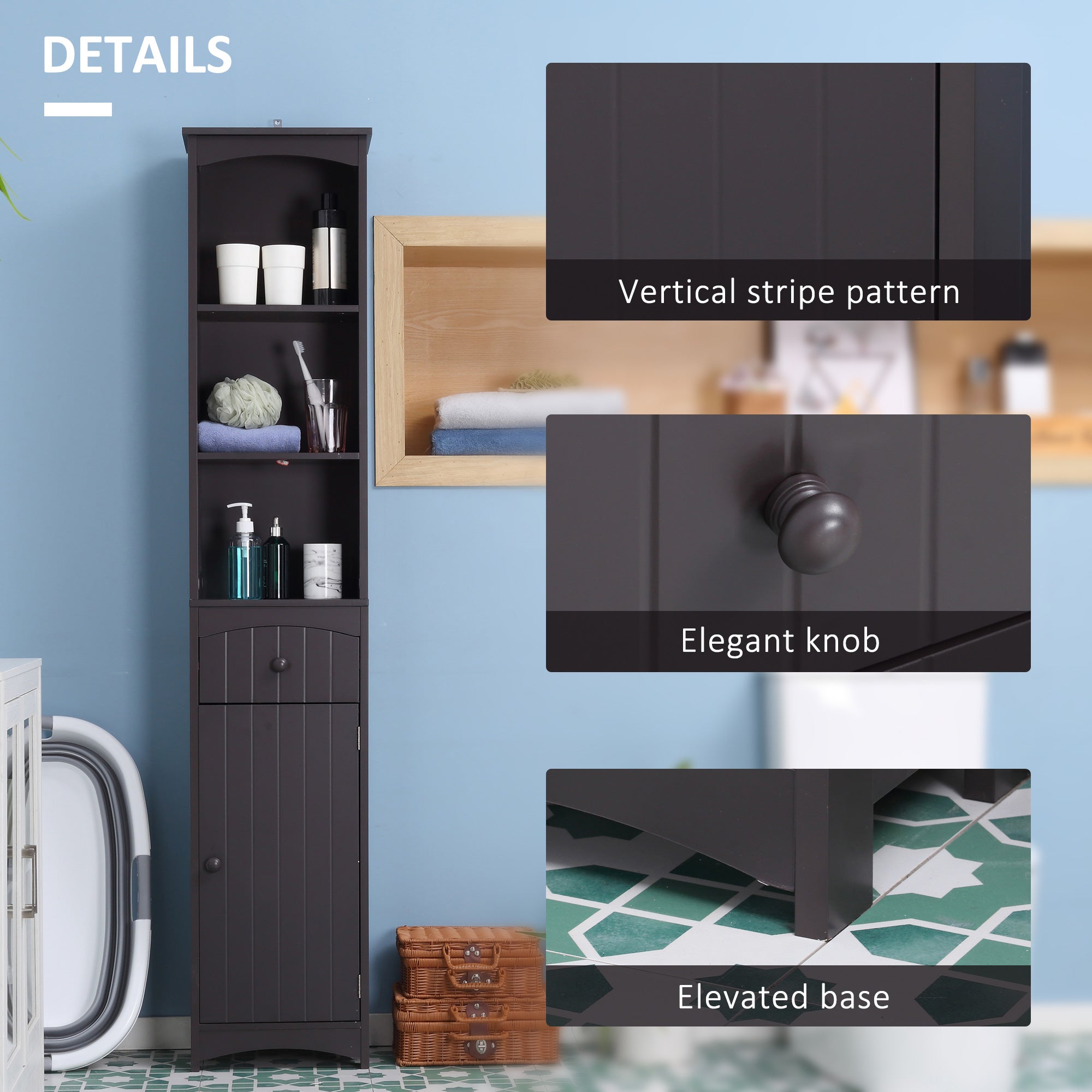 Bathroom Storage Cabinet Free Standing Unit Tall Linen Tower with 3 Tier Shelves and Drawer Brown