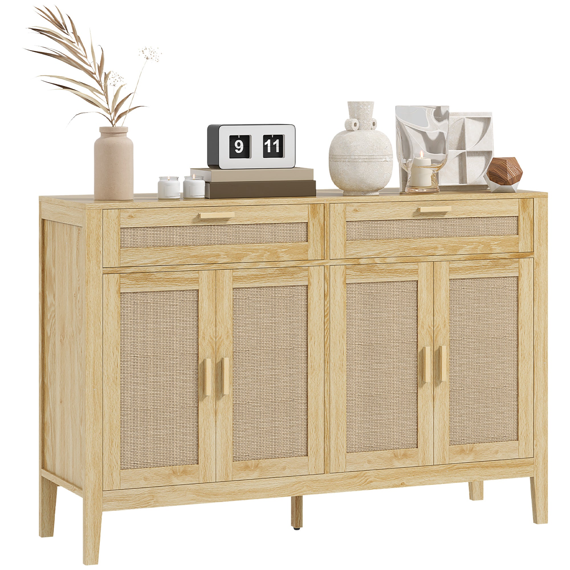 Kitchen Sideboard Cabinet Boho Entryway Cabinet with Decorative Rattan Doors and Drawers for Dining Room Oak