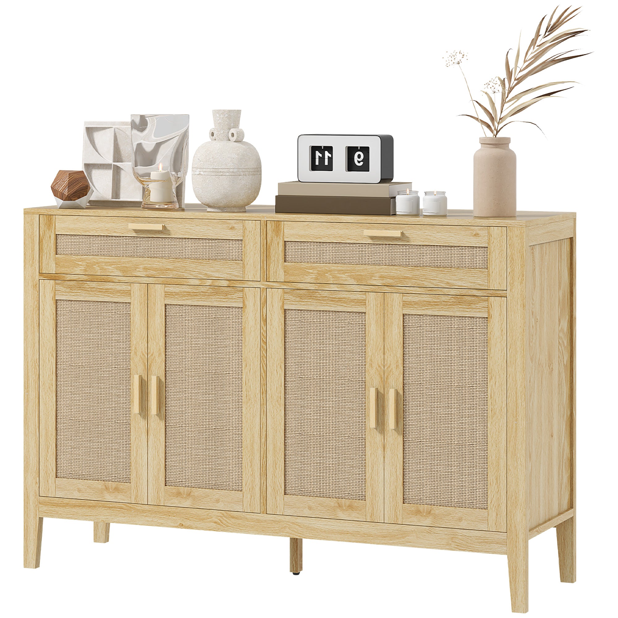 Kitchen Sideboard Cabinet Boho Entryway Cabinet with Decorative Rattan Doors and Drawers for Dining Room Oak