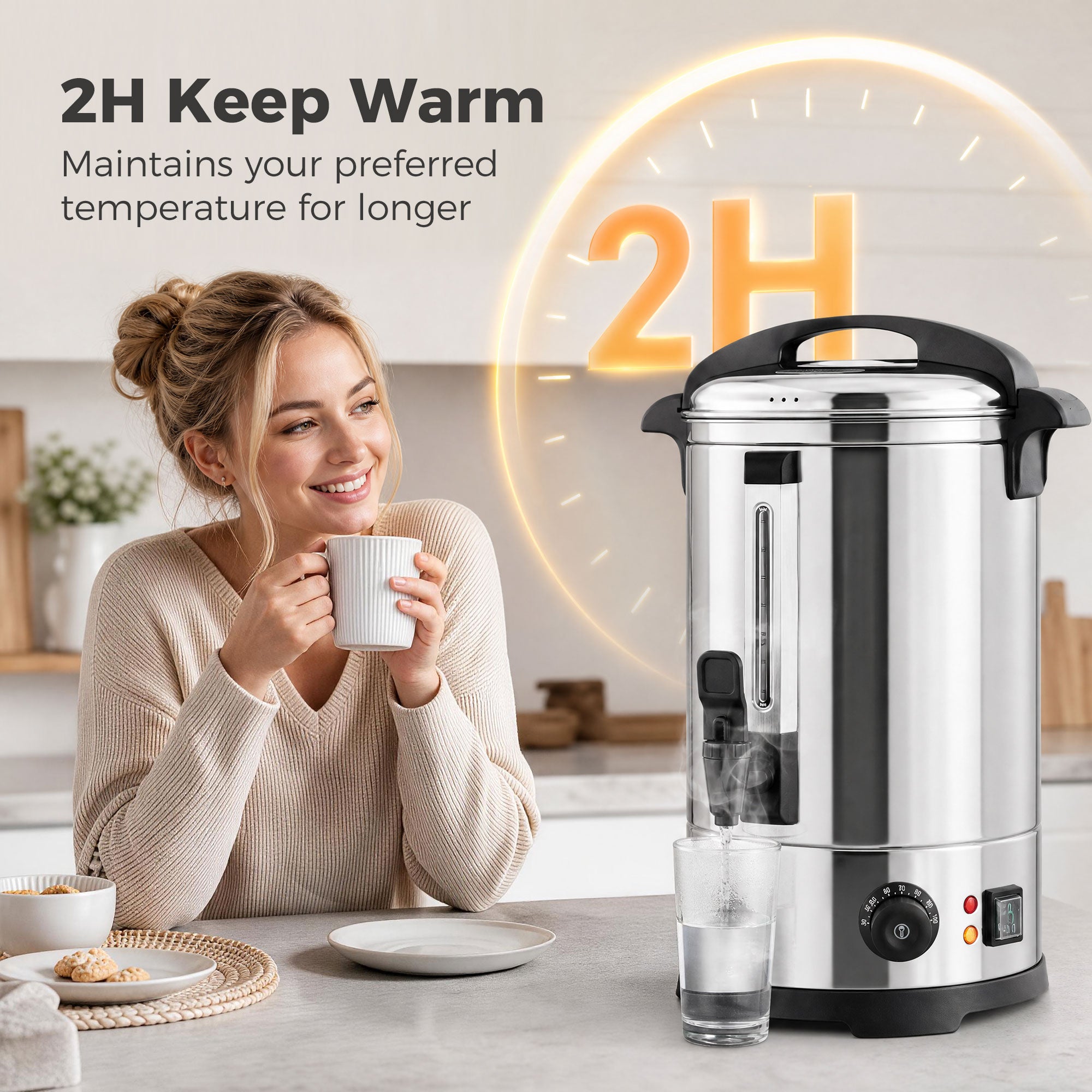 6.5L Catering Urn, 1500W Hot Water Boiler Dispenser with Thermostat, Stainless Steel Tea Urn Kettle with Keep Warm Function, Adjustable Temperature and Easy Pour Tap for Home Office Parties
