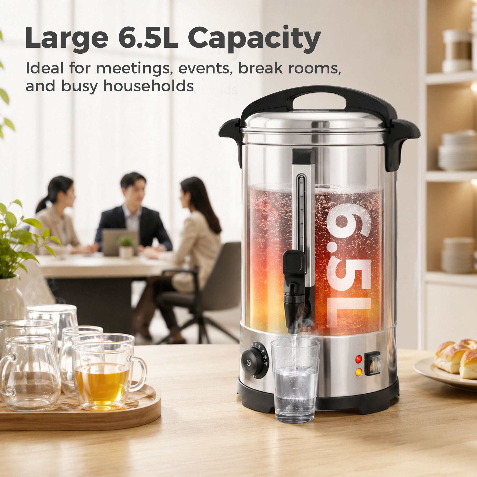 6.5L Catering Urn, 1500W Hot Water Boiler Dispenser with Thermostat, Stainless Steel Tea Urn Kettle with Keep Warm Function, Adjustable Temperature and Easy Pour Tap for Home Office Parties