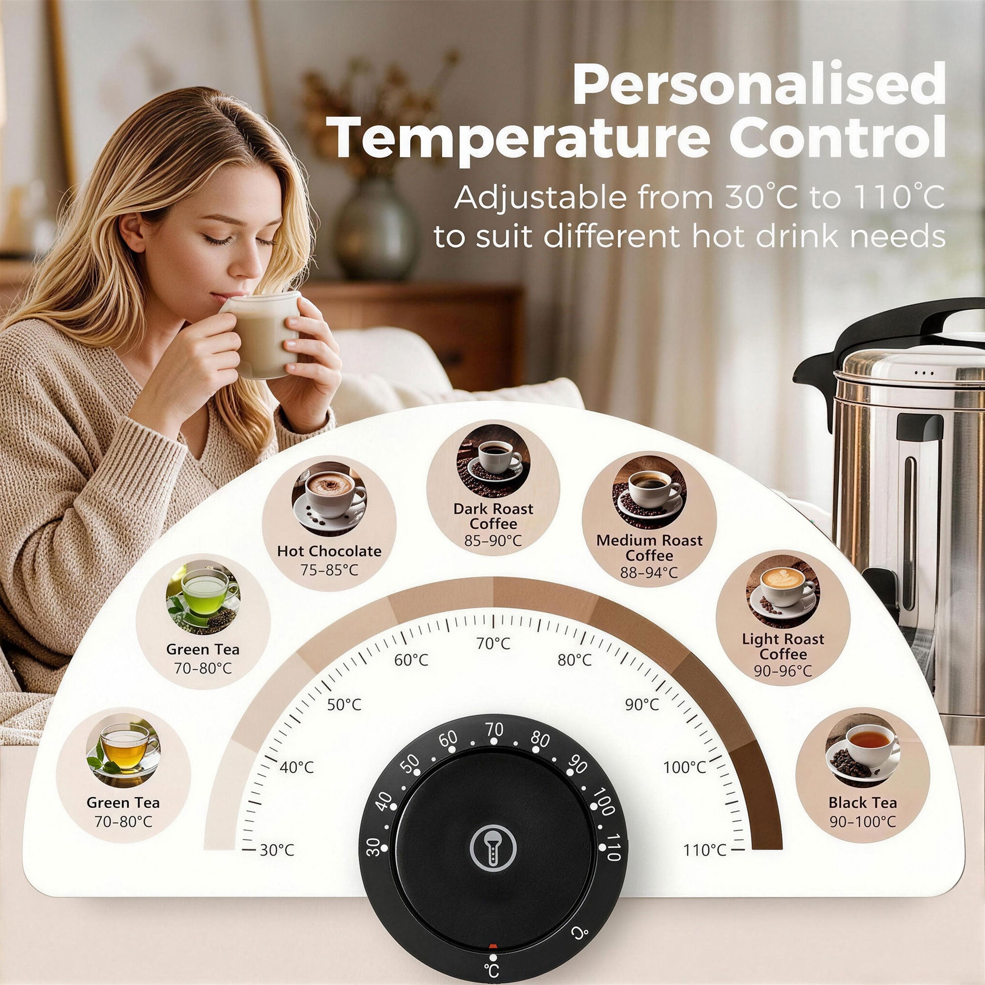 6.5L Catering Urn, 1500W Hot Water Boiler Dispenser with Thermostat, Stainless Steel Tea Urn Kettle with Keep Warm Function, Adjustable Temperature and Easy Pour Tap for Home Office Parties