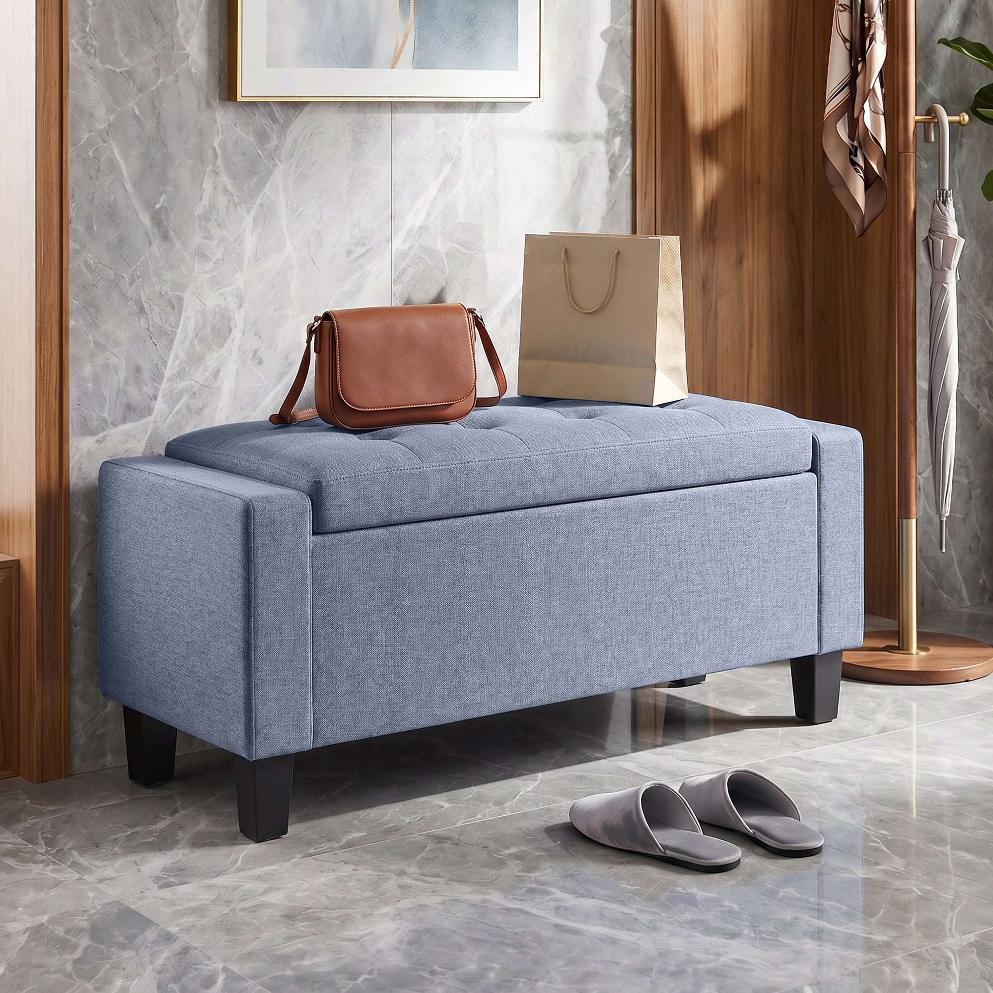 36.6" Tufted Fabric Rectangular Storage Ottoman, Sitting Bench with Armrests and Wooden Legs, Holds up to 528 lbs, for Entryway, Living Room, Bedroom, Dark Gray