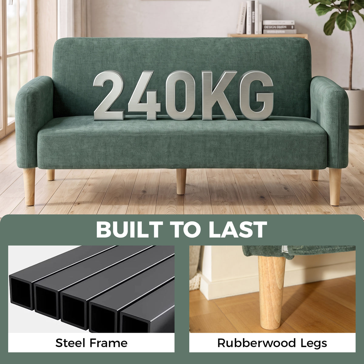 2 Seater Sofa, 160cm Velvet Small Couch with 20cm Thick Padding, Wide and Deep Seat, Plush Backrest, Loveseat Sofa Settee for Small Space, Living Room, Bedroom, Home Office, Dark Green