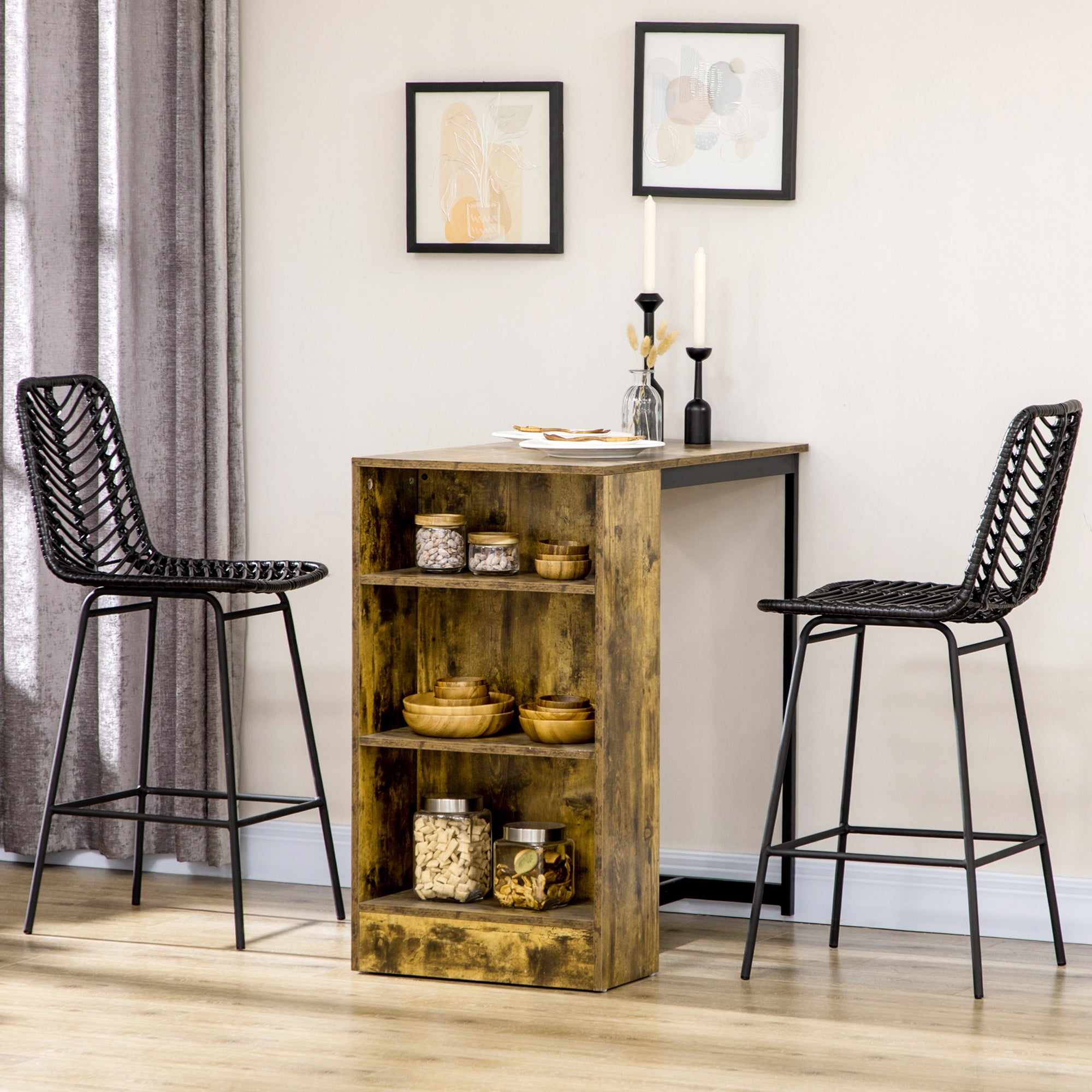 Set of 2 Rattan Barstools Wicker Counter Stools with Steel Legs and Footrest for Dining Room Kitchen Pub Black