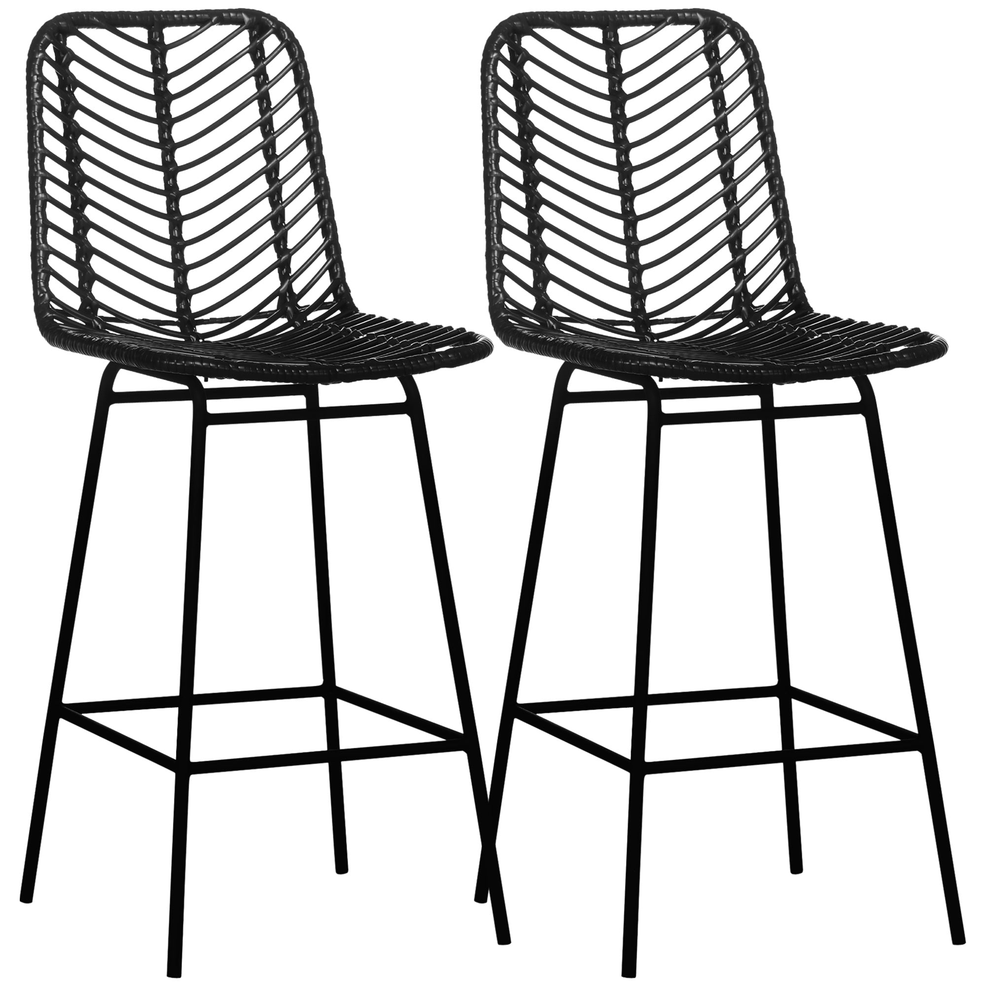 Set of 2 Rattan Barstools Wicker Counter Stools with Steel Legs and Footrest for Dining Room Kitchen Pub Black