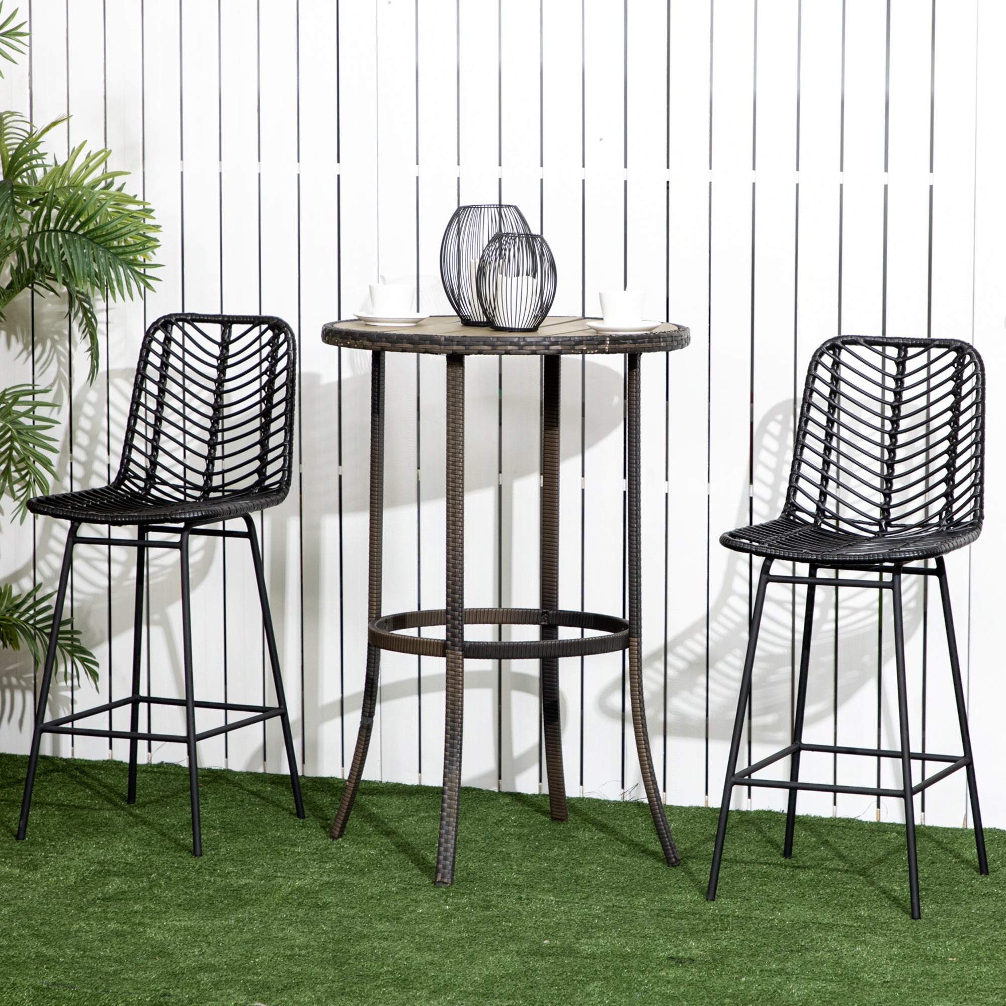 Set of 2 Rattan Barstools Wicker Counter Stools with Steel Legs and Footrest for Dining Room Kitchen Pub Black