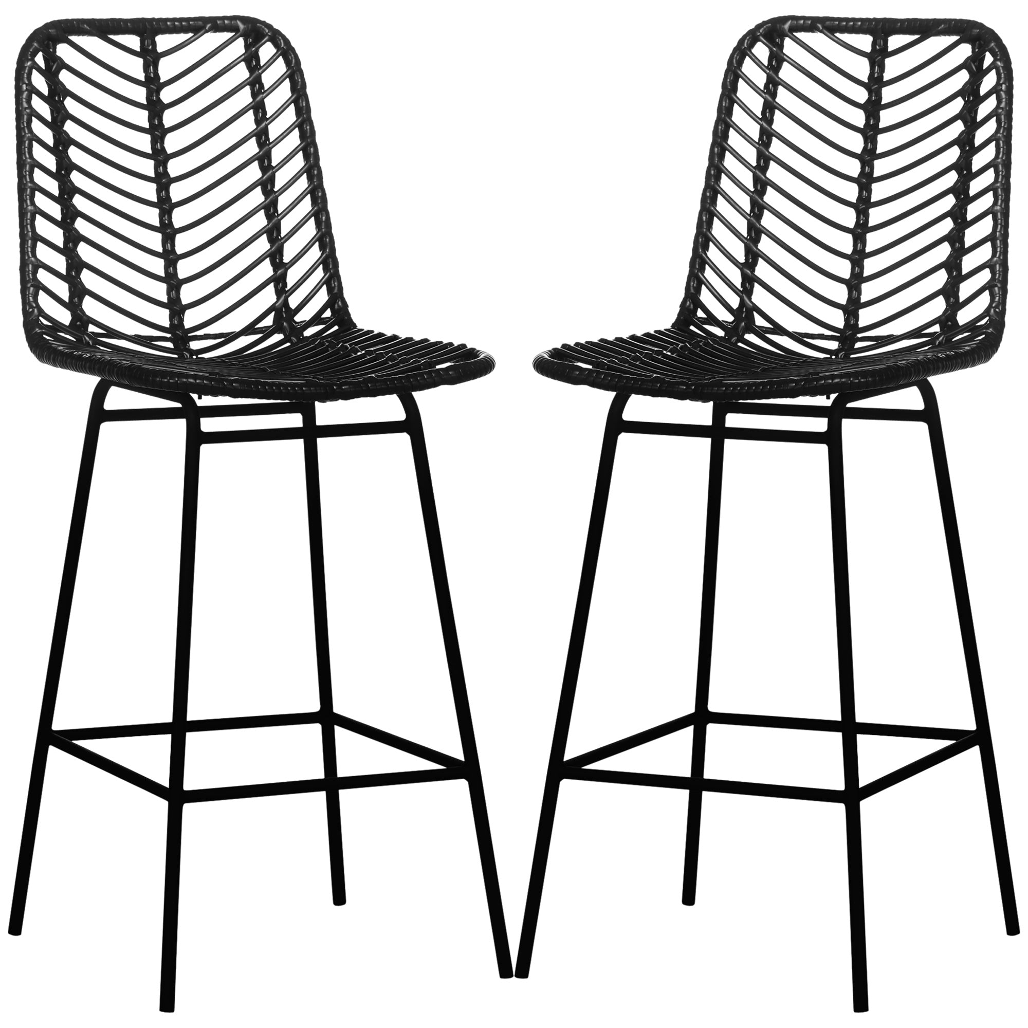 Set of 2 Rattan Barstools Wicker Counter Stools with Steel Legs and Footrest for Dining Room Kitchen Pub Black