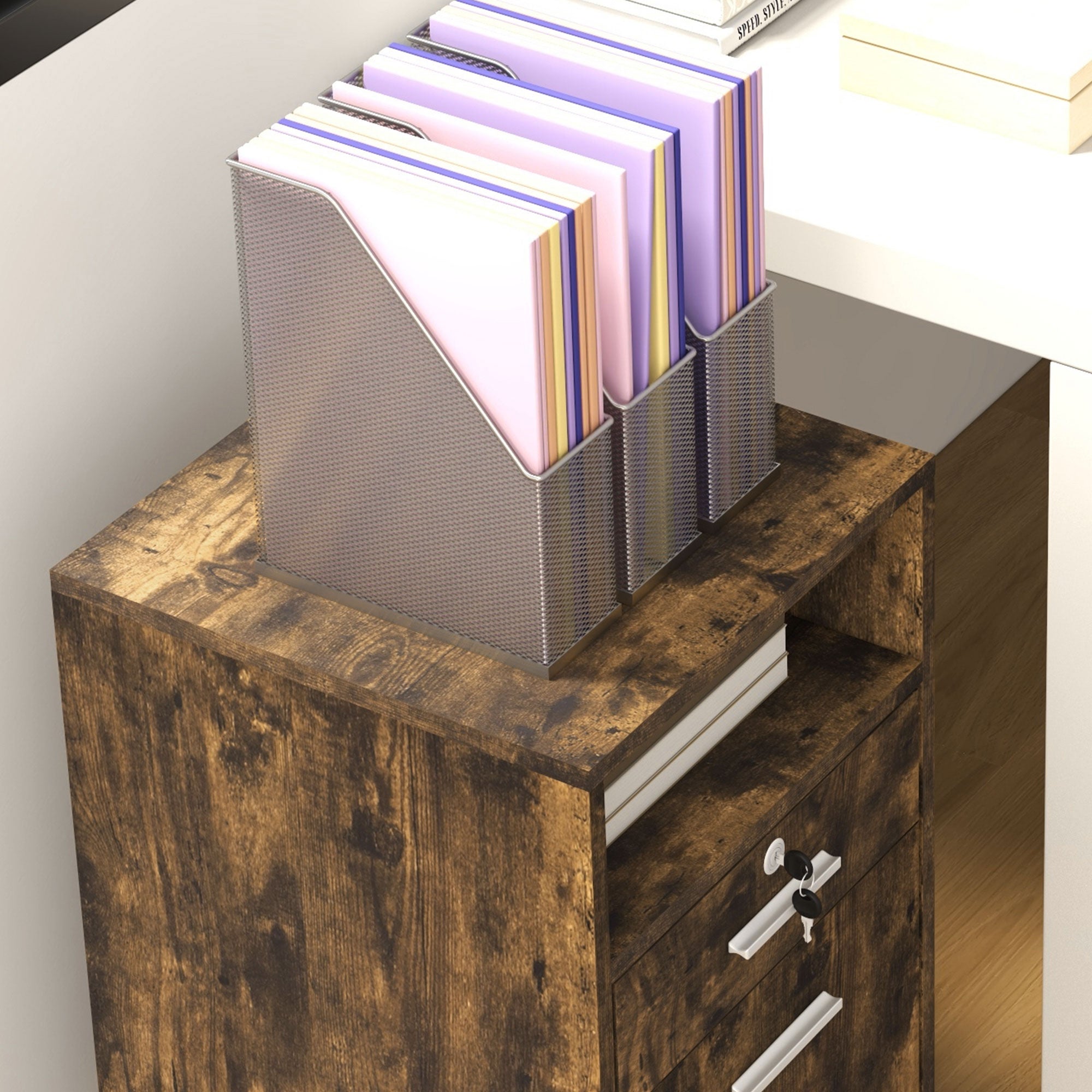 Vinsetto Mobile File Cabinet Lockable Storage Unit Cupboard for A4 Letter Home Filing Furniture for Office, Bedroom and Living Room, 39x40x65cm, Rustic Brown