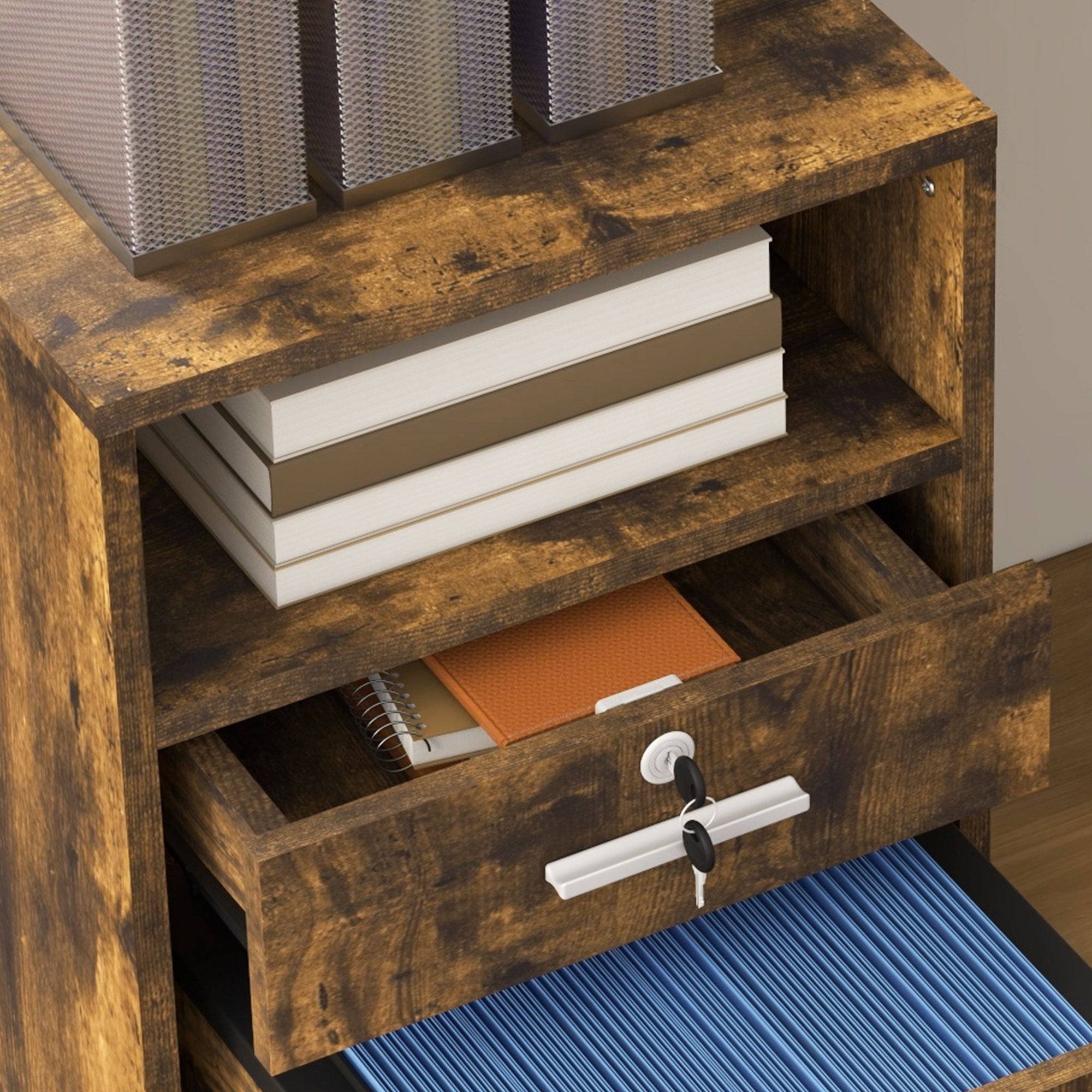 Vinsetto Mobile File Cabinet Lockable Storage Unit Cupboard for A4 Letter Home Filing Furniture for Office, Bedroom and Living Room, 39x40x65cm, Rustic Brown