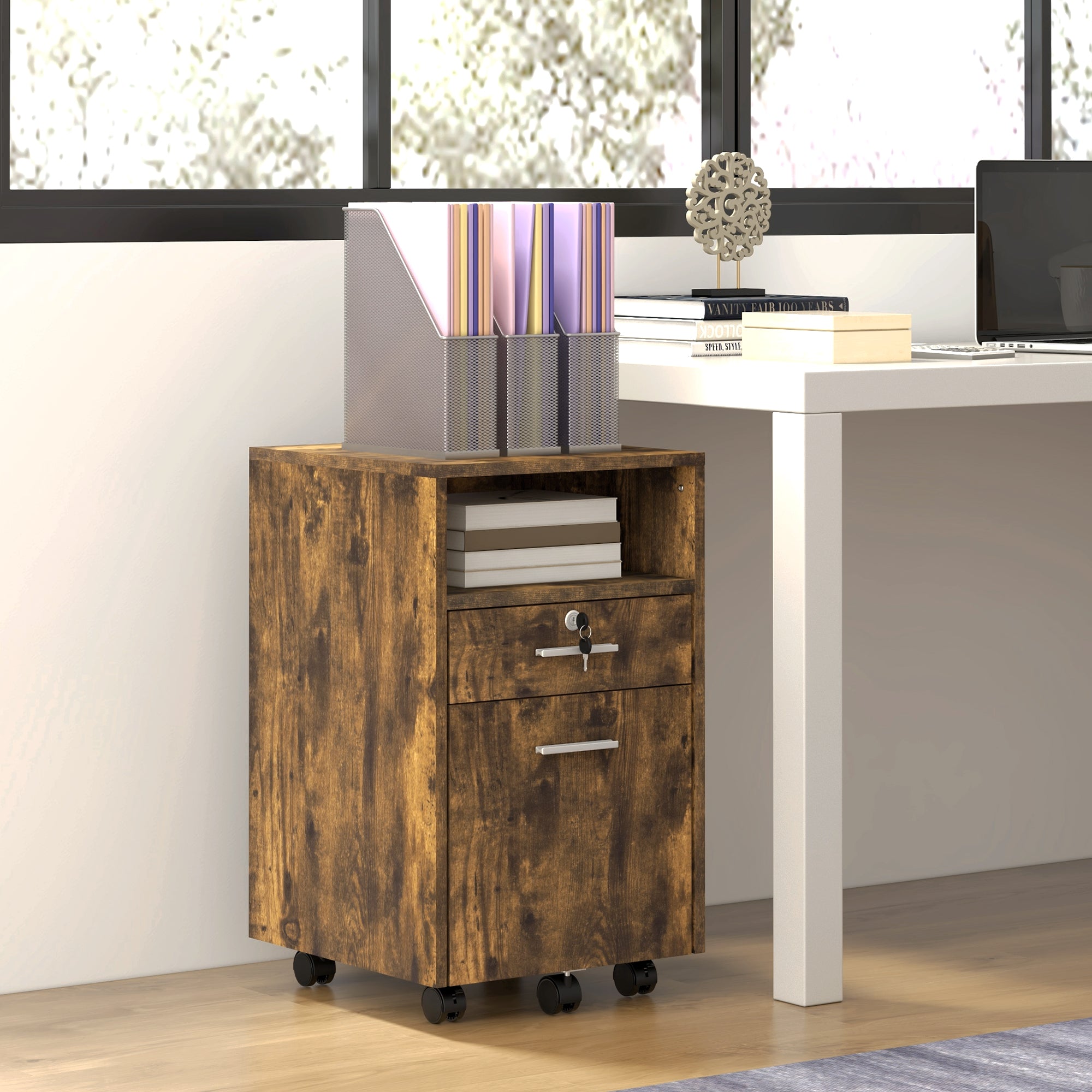 Vinsetto Mobile File Cabinet Lockable Storage Unit Cupboard for A4 Letter Home Filing Furniture for Office, Bedroom and Living Room, 39x40x65cm, Rustic Brown