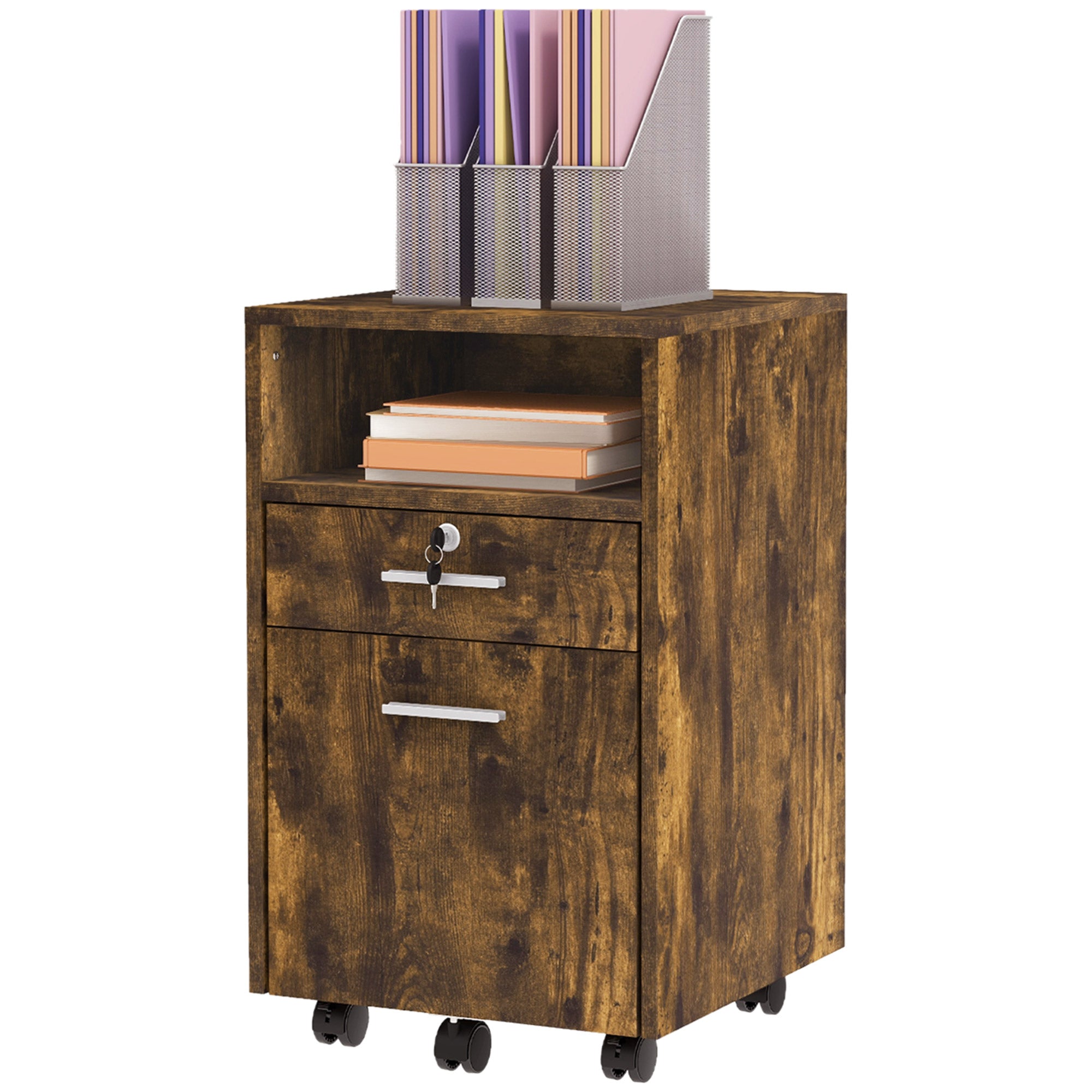 Vinsetto Mobile File Cabinet Lockable Storage Unit Cupboard for A4 Letter Home Filing Furniture for Office, Bedroom and Living Room, 39x40x65cm, Rustic Brown