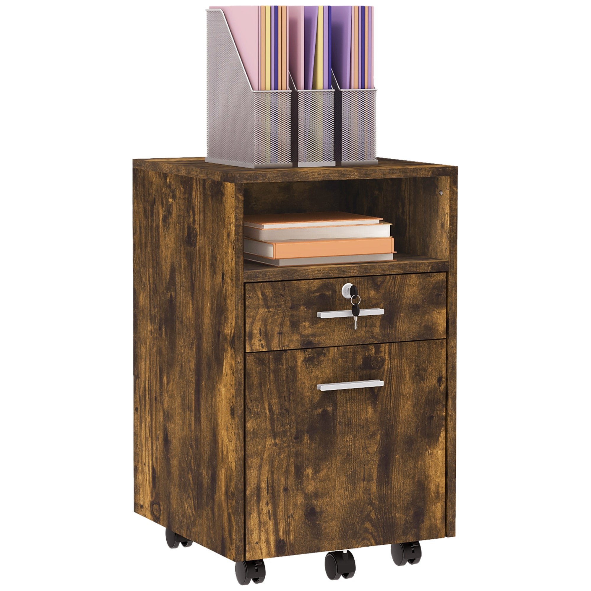 Vinsetto Mobile File Cabinet Lockable Storage Unit Cupboard for A4 Letter Home Filing Furniture for Office, Bedroom and Living Room, 39x40x65cm, Rustic Brown