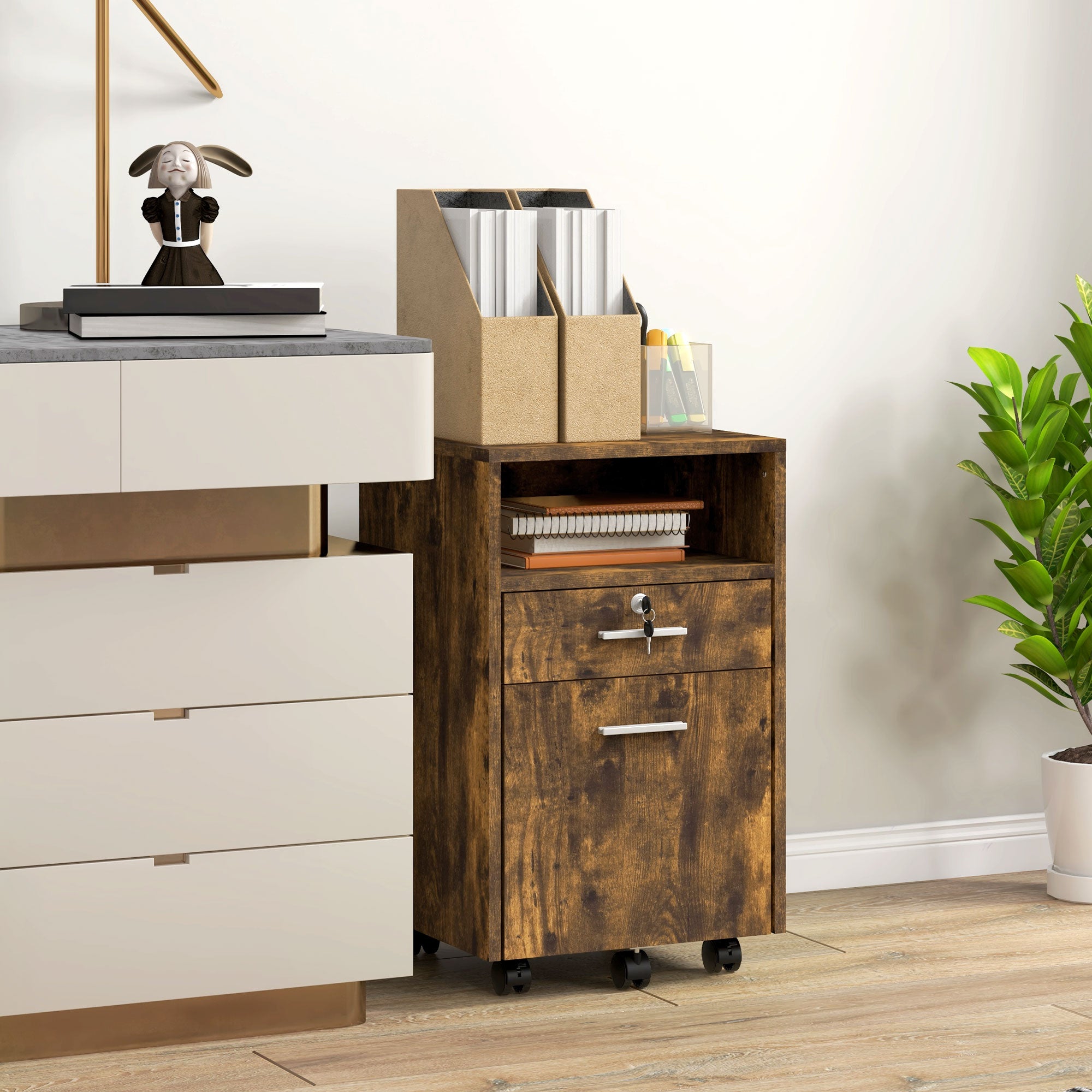 Vinsetto Mobile File Cabinet Lockable Storage Unit Cupboard for A4 Letter Home Filing Furniture for Office, Bedroom and Living Room, 39x40x65cm, Rustic Brown
