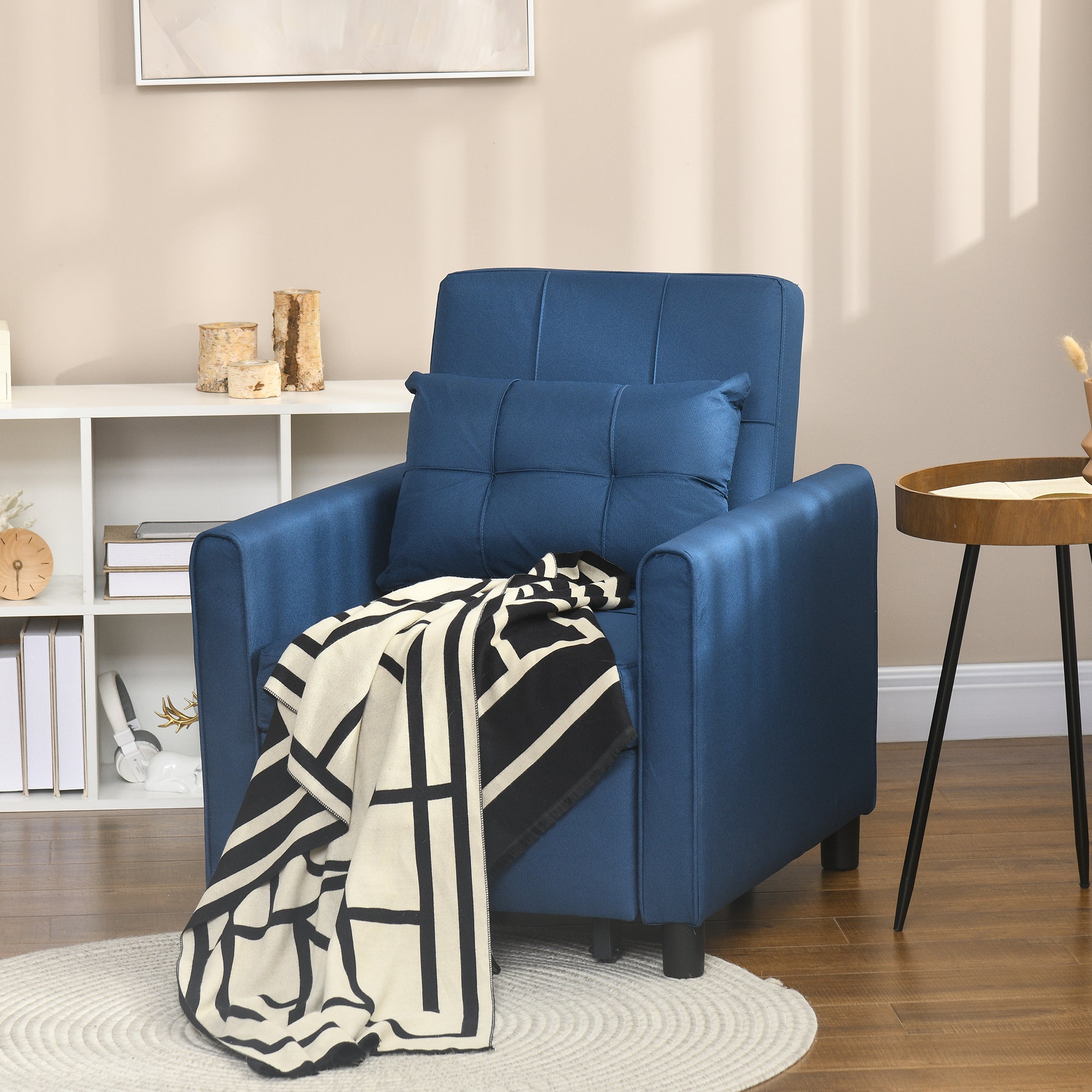 HOMCOM Compact Single Chair Bed, Pull Out Chair Bed, Convertible Sleeper Chair with Adjustable Backrest, Pillow, Side Pockets for Home Office, Bedroom, Living Room, Blue