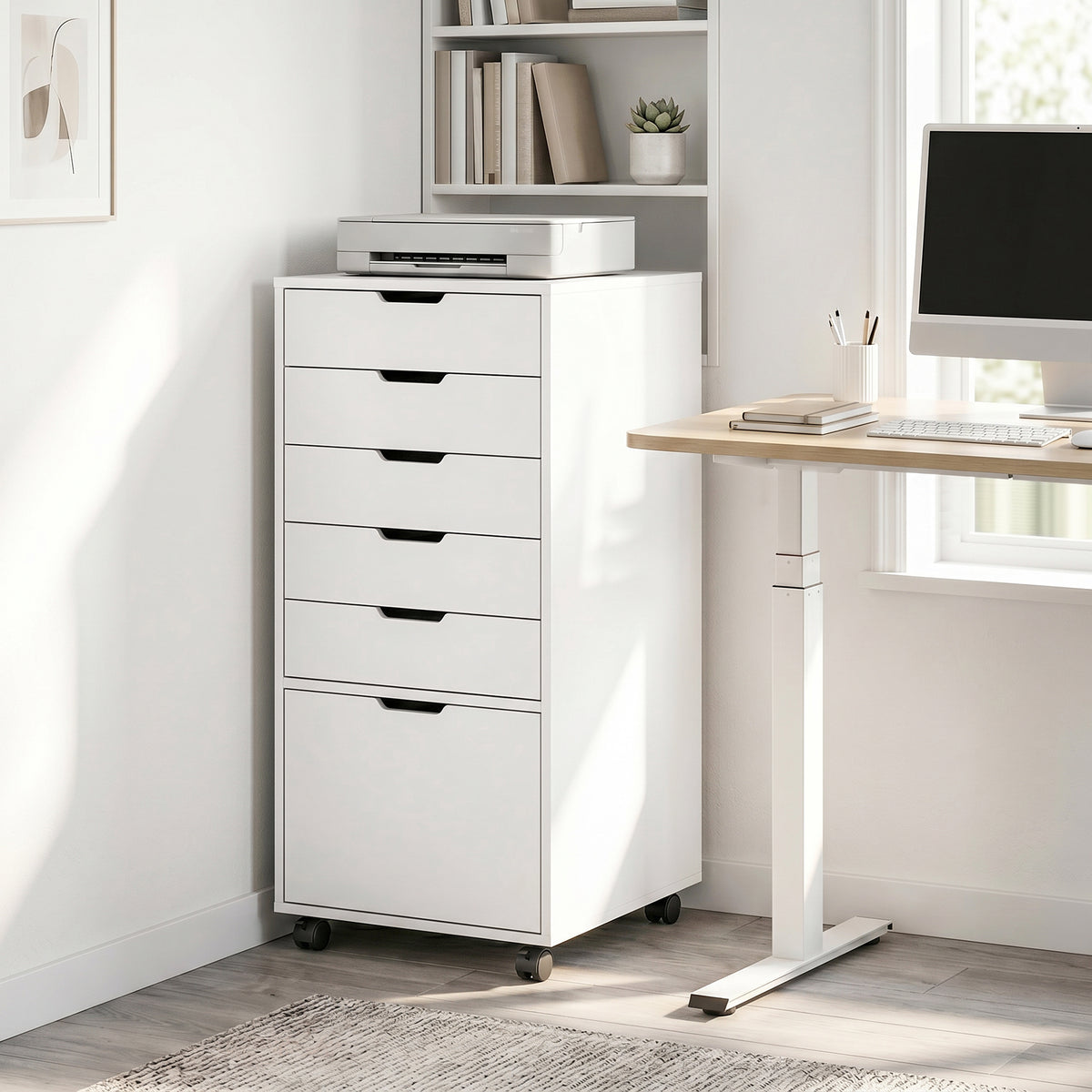 5 Drawer Vertical File Cabinet with Lockable Wheels, Filing Cabinet for Home Office, Printer Stand with Adjustable Hanging Bars For A4, Letter, legal File Folders, White
