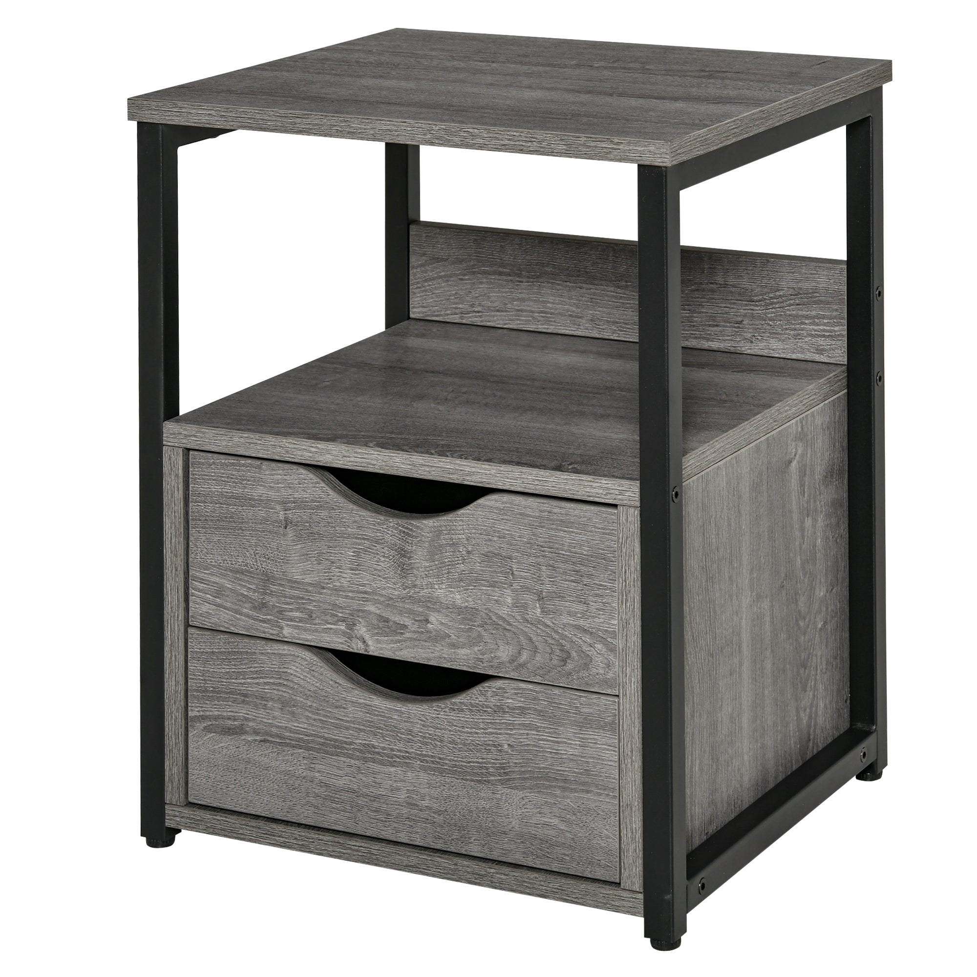 HOMCOM Nightstand with 2 Drawers, Industrial Side Table with Storage Shelf, Accent End Table for Bedroom, Grey