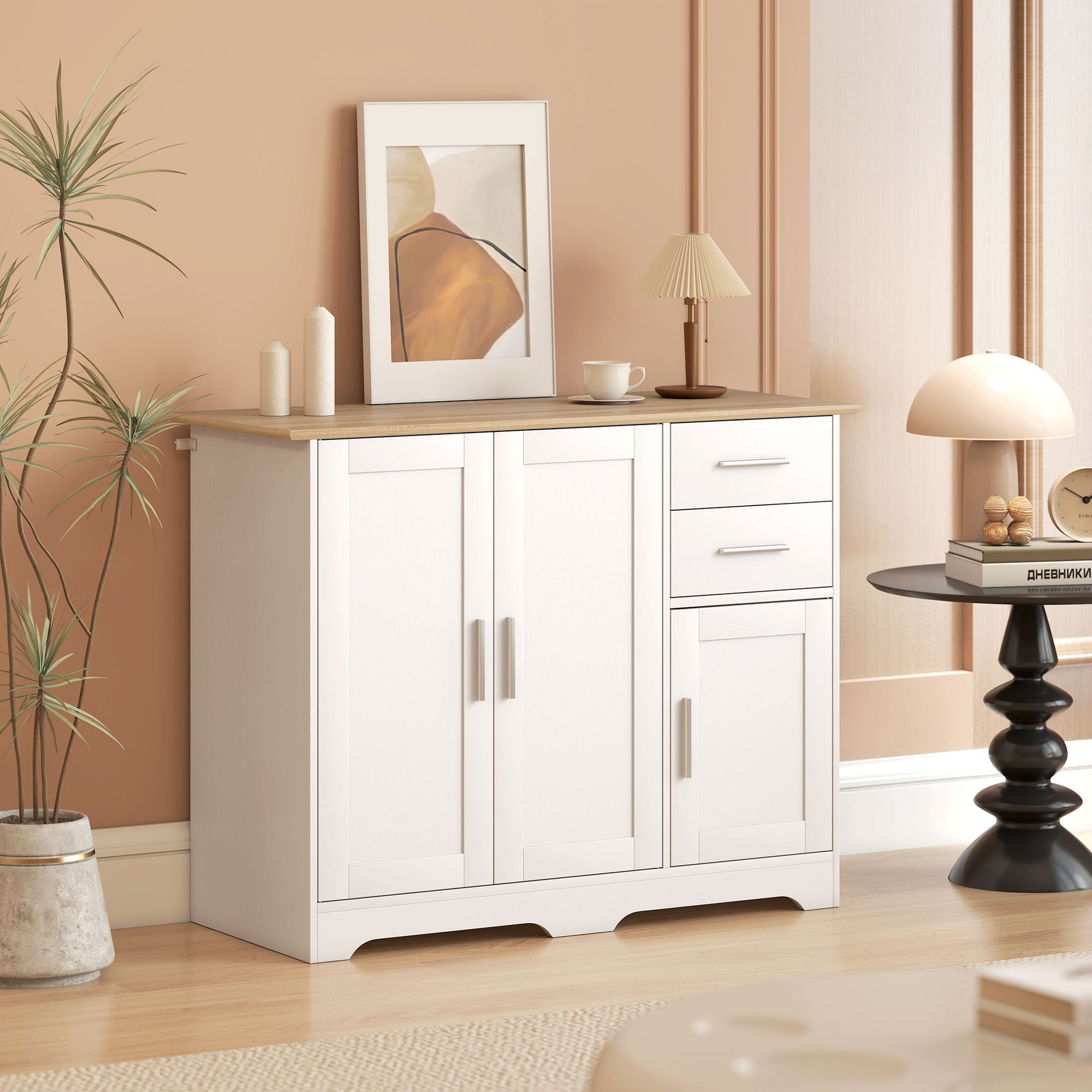 40" Sideboard Buffet Cabinet, Modern Kitchen Storage Cabinet with 2 Drawers, 3 Doors & Adjustable Shelf, Coffee Bar Station, White