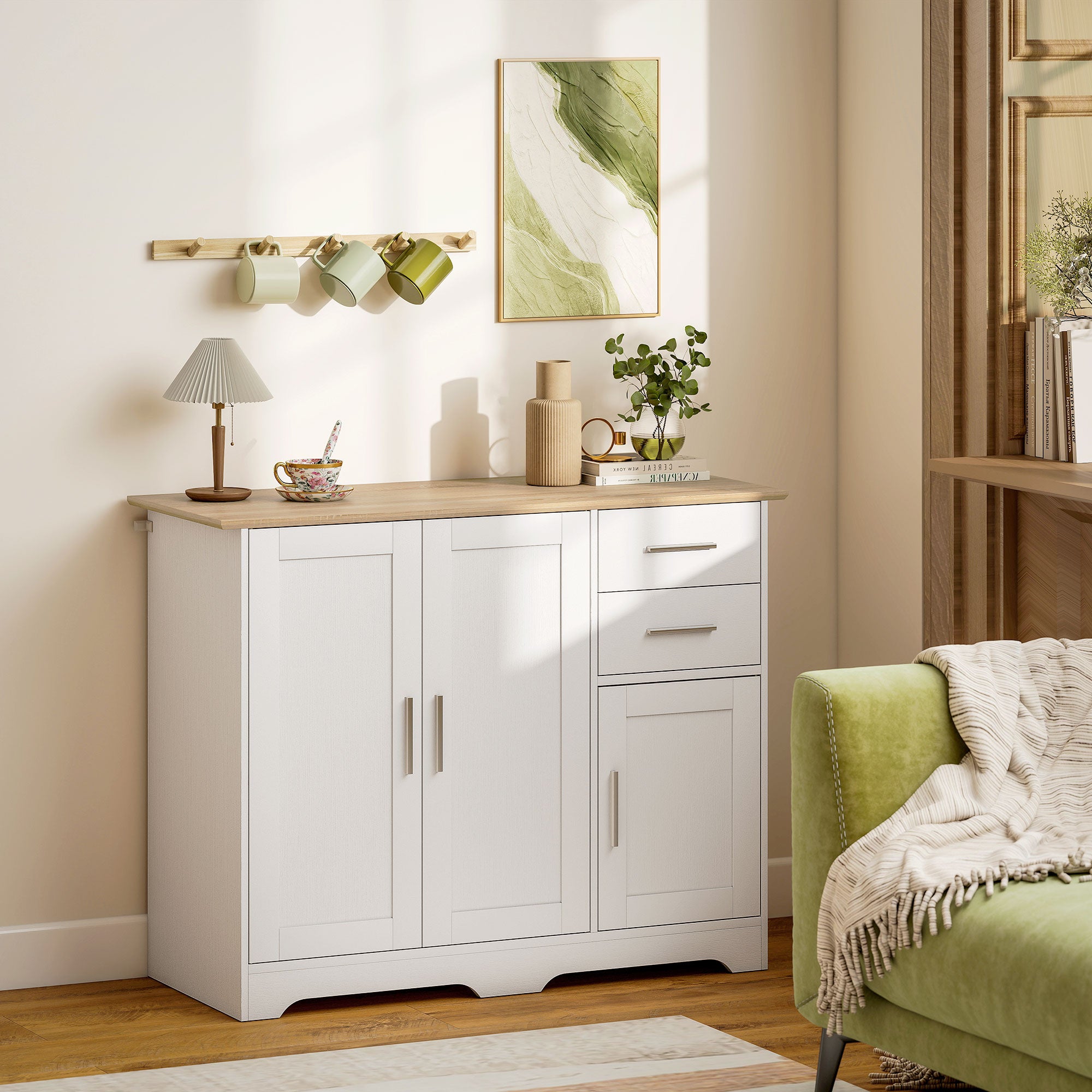 40" Sideboard Buffet Cabinet, Modern Kitchen Storage Cabinet with 2 Drawers, 3 Doors & Adjustable Shelf, Coffee Bar Station, White