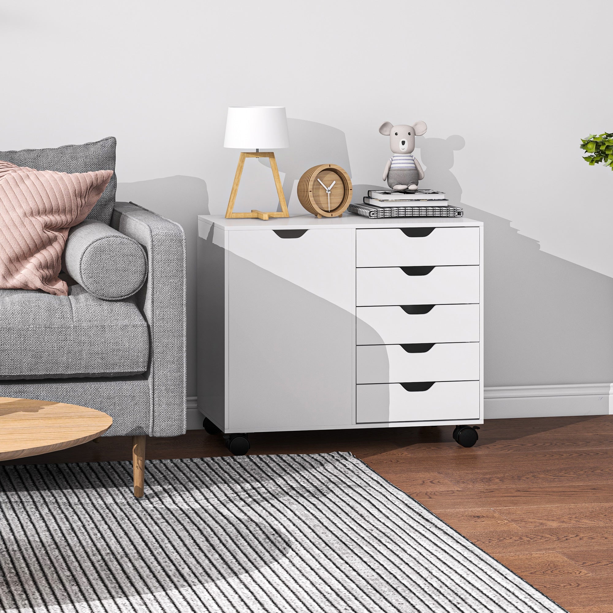 HOMCOM Lateral Office Storage Cabinet on Wheels, 5-Drawers Cabinet with Door and Adjustable Shelf for Home Office, White