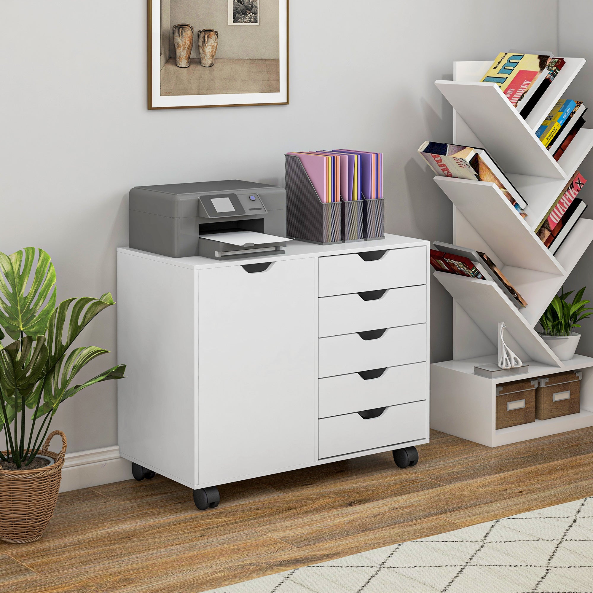 HOMCOM Lateral Office Storage Cabinet on Wheels, 5-Drawers Cabinet with Door and Adjustable Shelf for Home Office, White