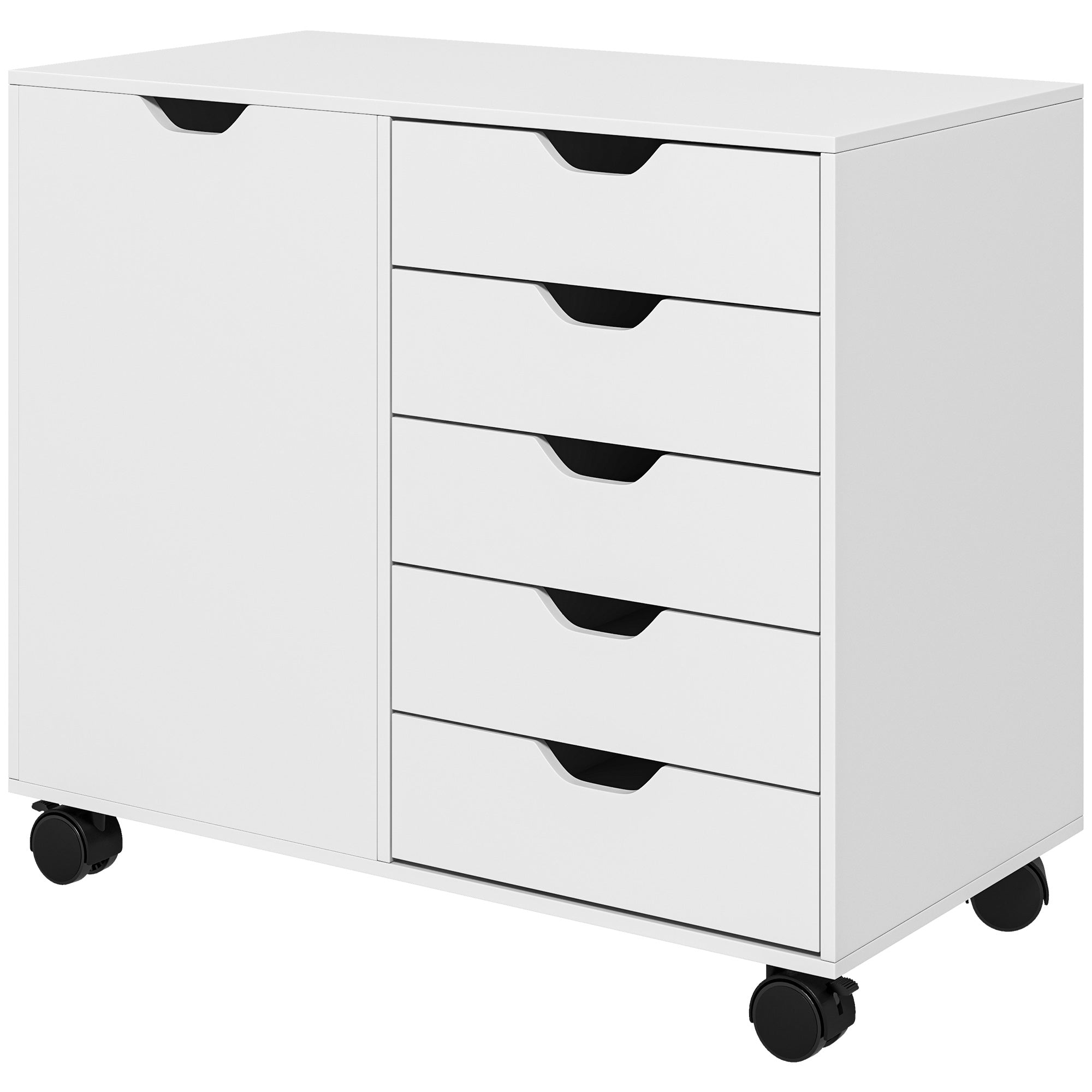 HOMCOM Lateral Office Storage Cabinet on Wheels, 5-Drawers Cabinet with Door and Adjustable Shelf for Home Office, White