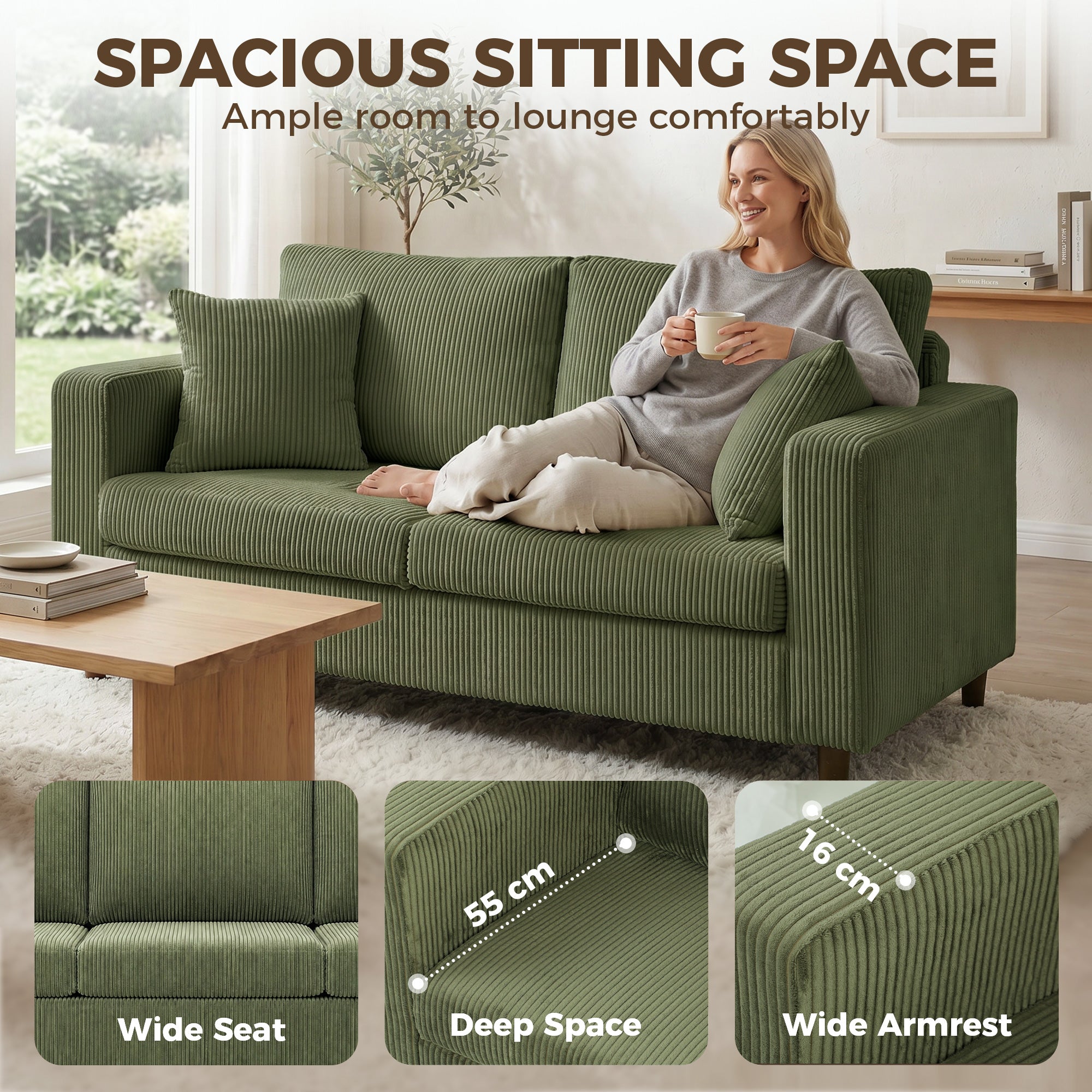 2 Seater Sofa, 170 cm Comfy Corduroy Couch with Wide Deep Seat, Wide Armrests, Spring Cushion, Thick Padded, Solid Wood Legs, Loveseat Sofa for Living Room, Green