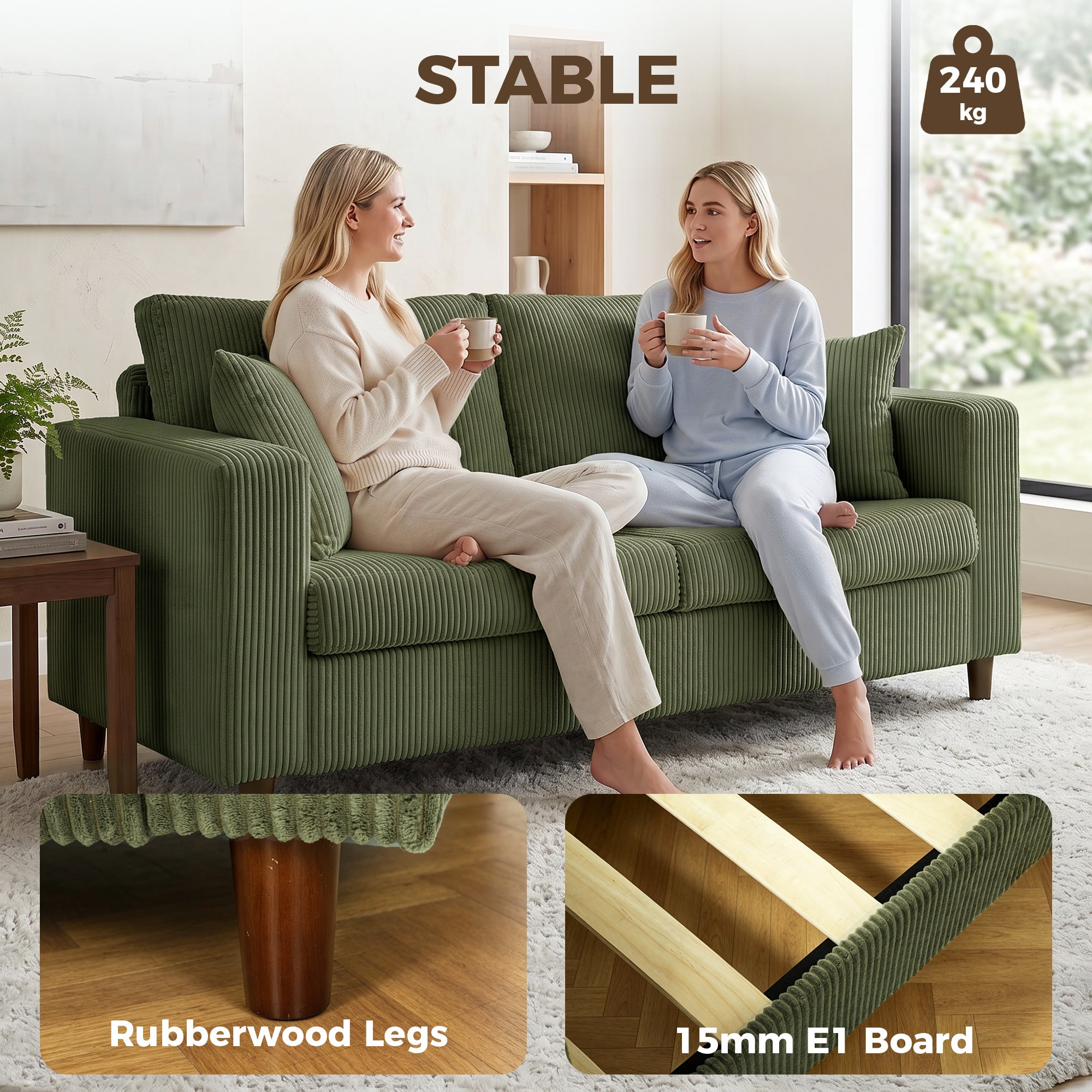 2 Seater Sofa, 170 cm Comfy Corduroy Couch with Wide Deep Seat, Wide Armrests, Spring Cushion, Thick Padded, Solid Wood Legs, Loveseat Sofa for Living Room, Green