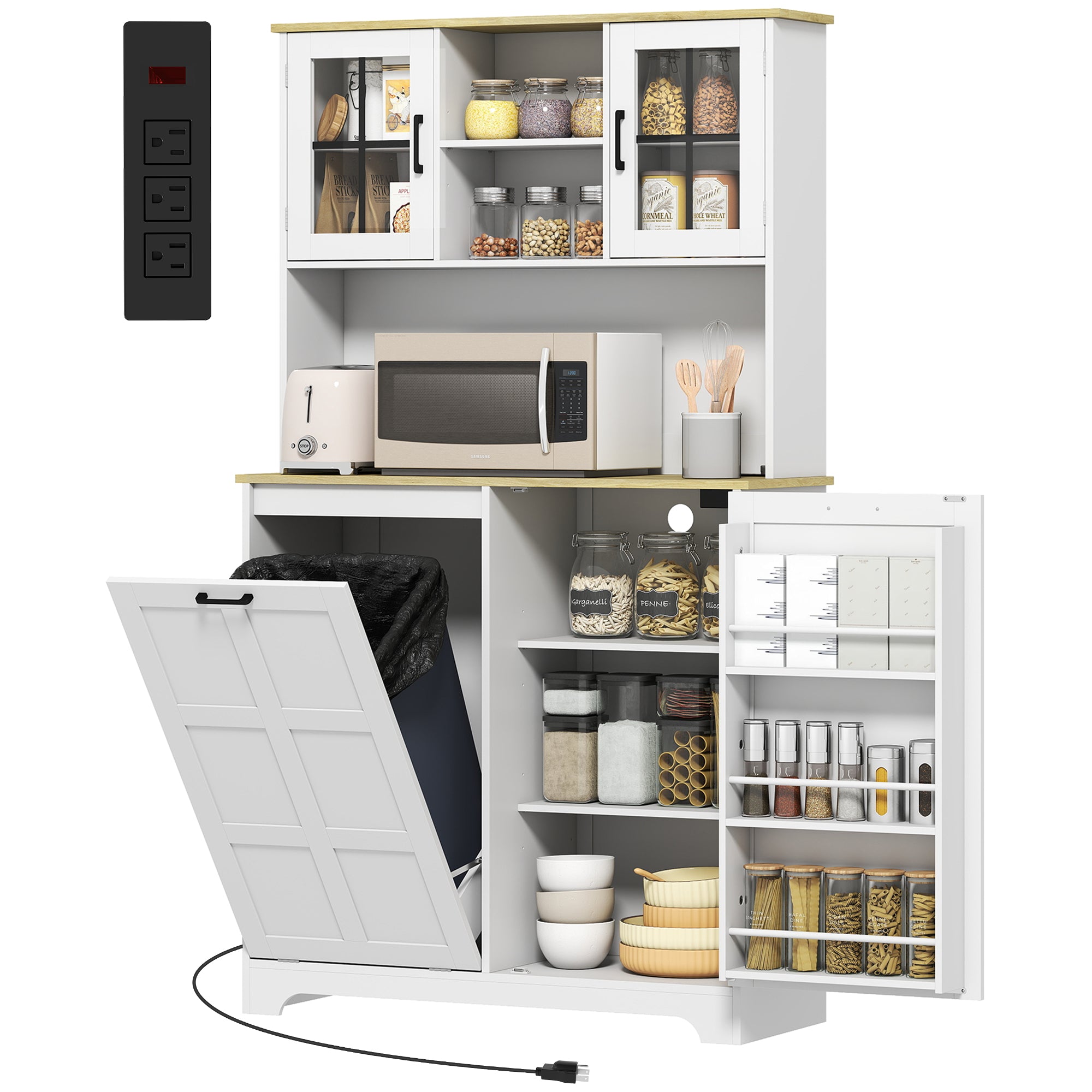 Kitchen Cupboard with Charging Station and 26.5 L Rubbish Bin Cabinet, 175cm Tall Kitchen Cabinet with 3 Door Shelves and 2 Acrylic Doors, Sideboard Storage Cabinet for Dining Room, White