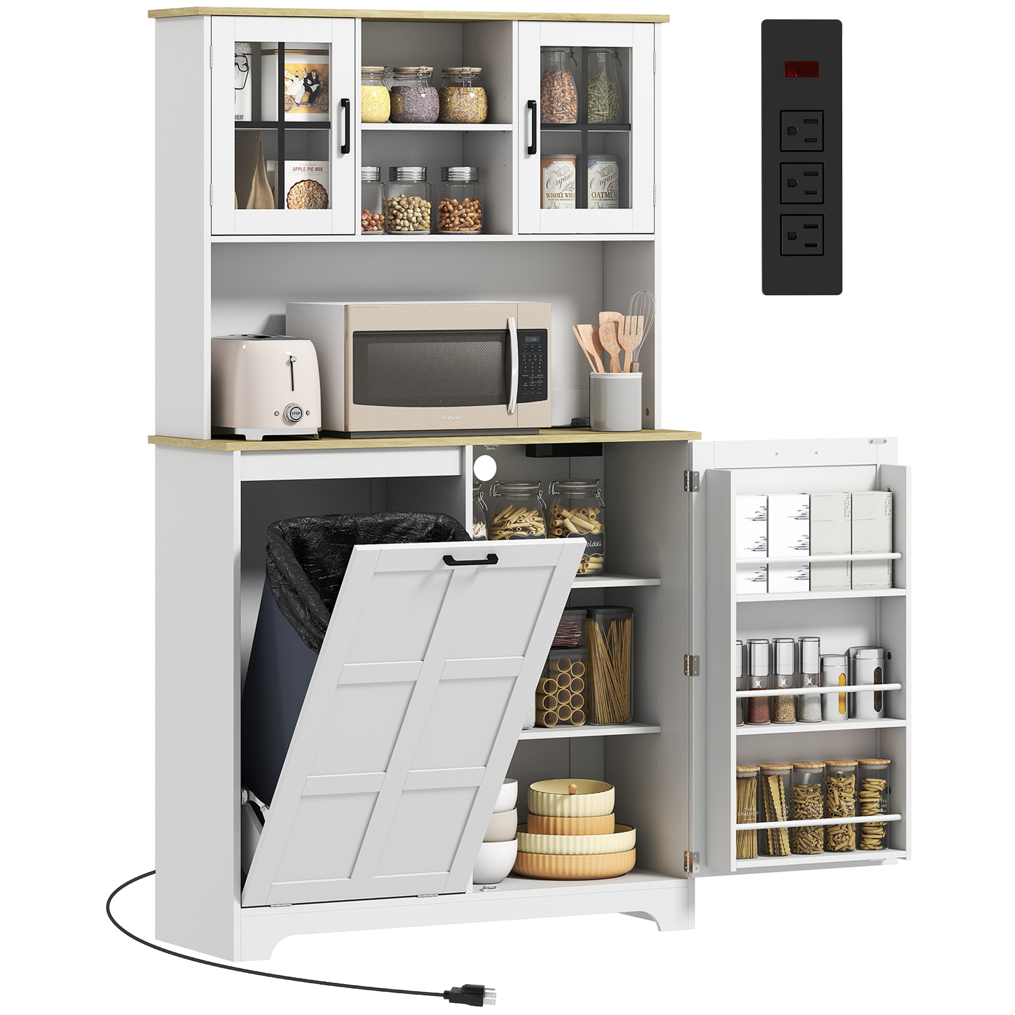 Kitchen Cupboard with Charging Station and 26.5 L Rubbish Bin Cabinet, 175cm Tall Kitchen Cabinet with 3 Door Shelves and 2 Acrylic Doors, Sideboard Storage Cabinet for Dining Room, White