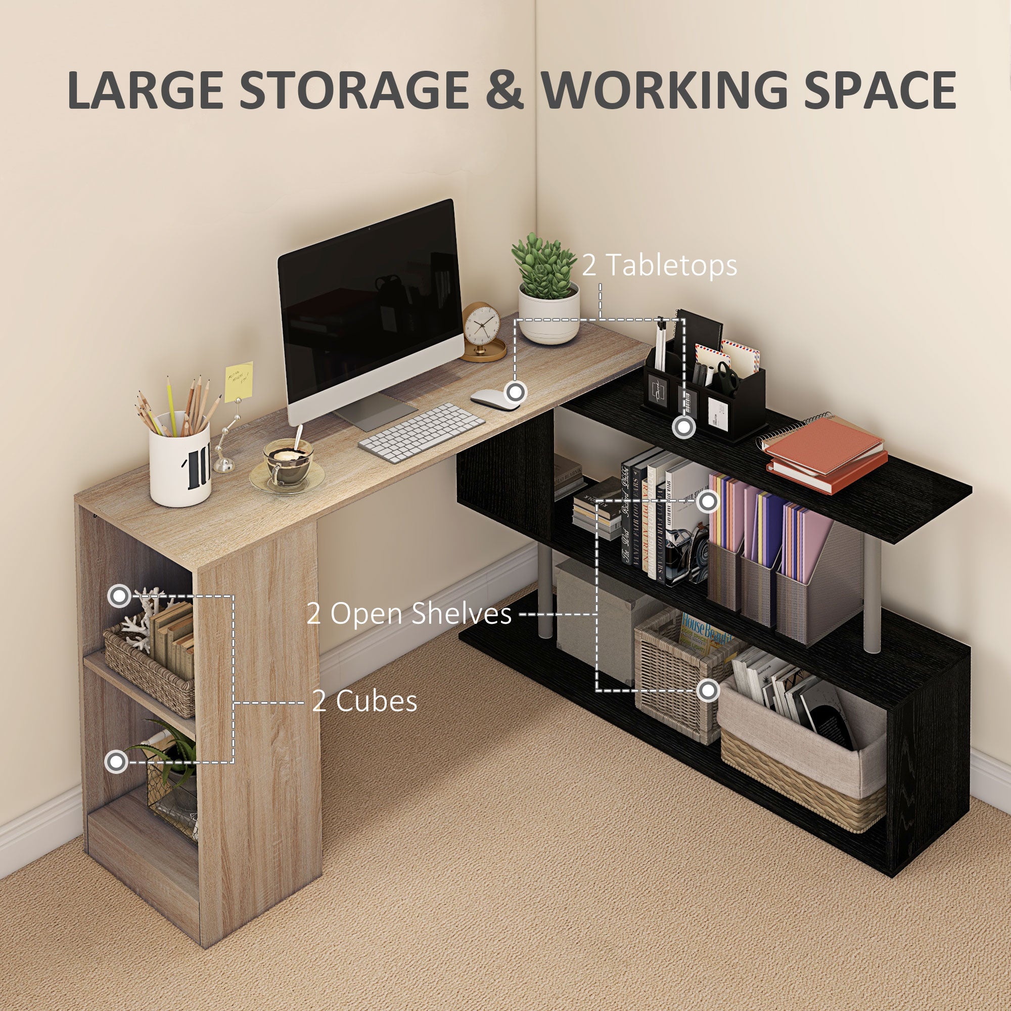 55" L-Shaped Desk, 360° Rotating Corner Computer Desk, Reversible Home Office Workstation with 3-Tier Storage Shelves, Bookshelf, Natural Wood