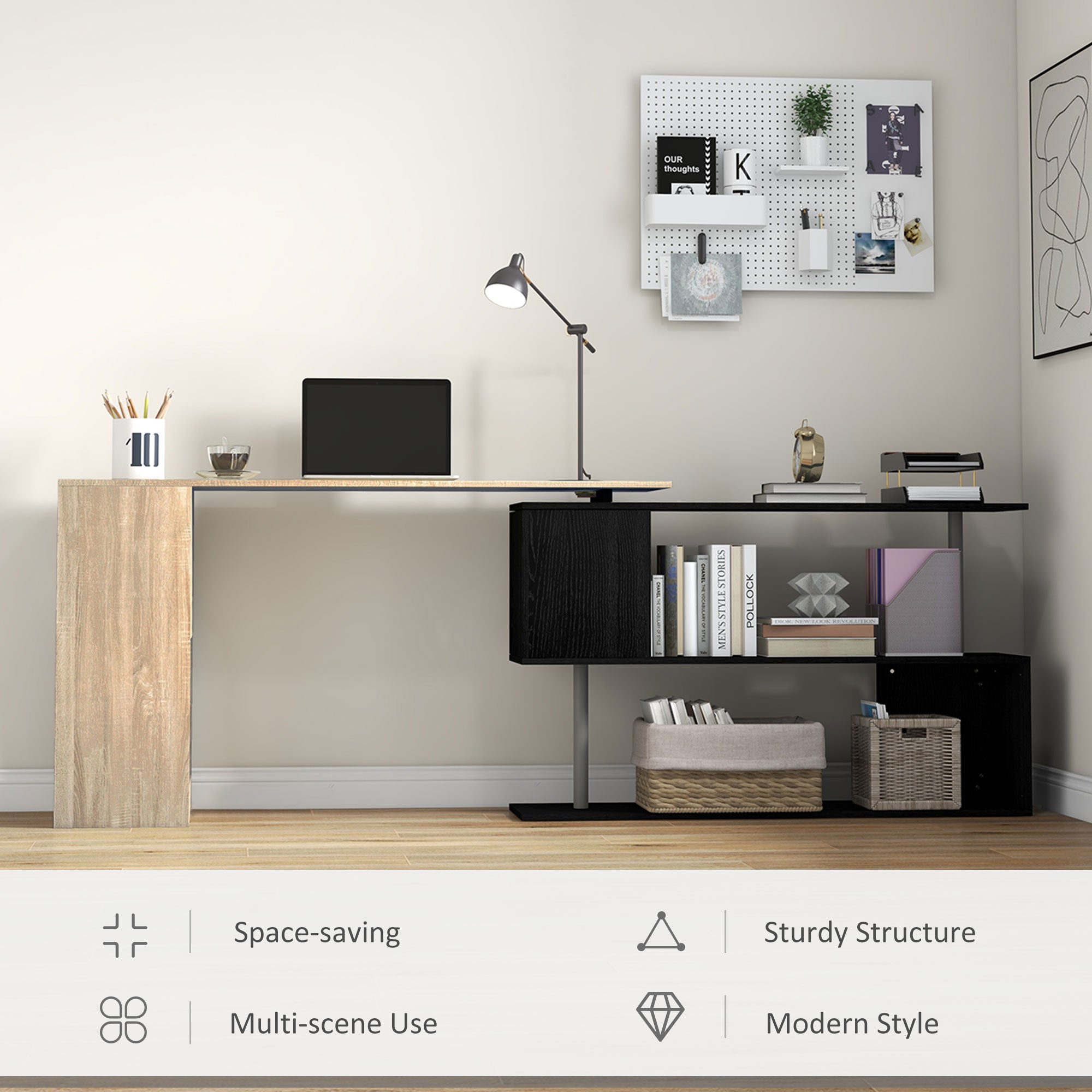 55" L-Shaped Desk, 360° Rotating Corner Computer Desk, Reversible Home Office Workstation with 3-Tier Storage Shelves, Bookshelf, Natural Wood